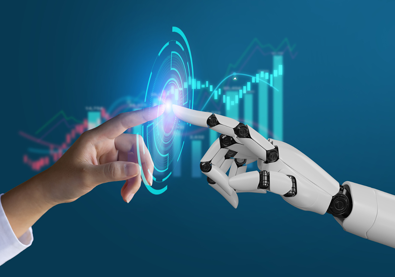 AI, Machine learning, robot hand ai artificial intelligence assistance human touching on big data network connection background, Science artificial intelligence technology, innovation and futuristic.