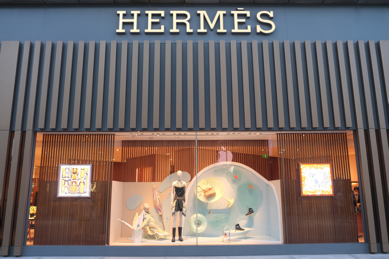 Shanghai,China-September 11th 2022: facade of Hermes store window. French luxury fashion company