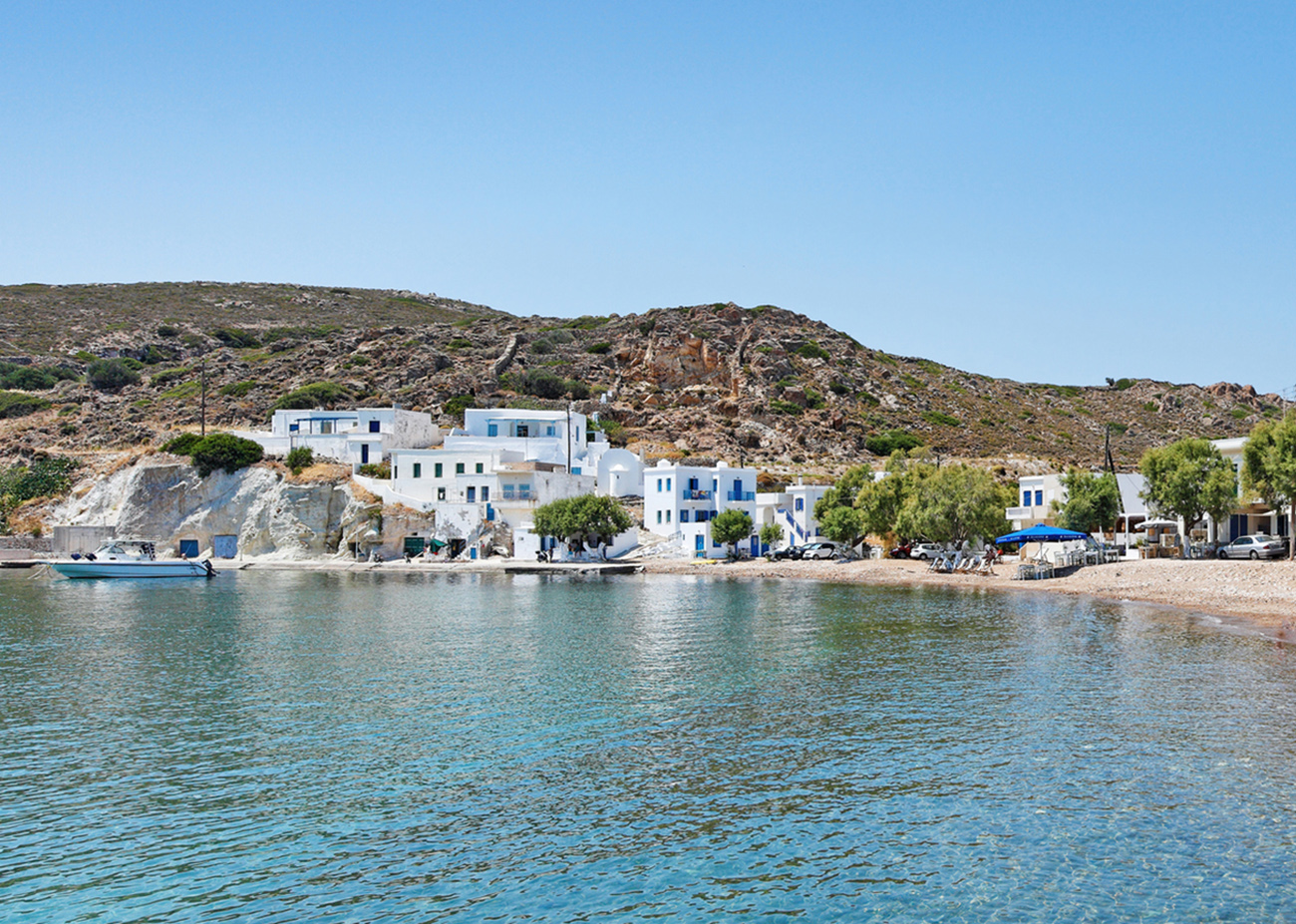 White houses in the port of Psathi in Kimolos, Greece
