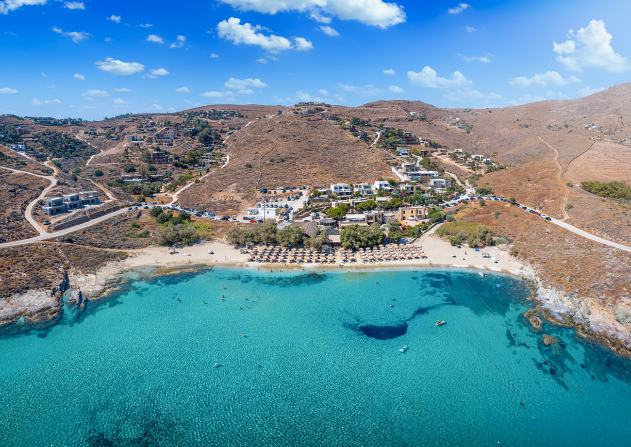 Aerial view of the popular Koundouros Beach at Kea, Tzia island, Greece, with turquoise, clear sea