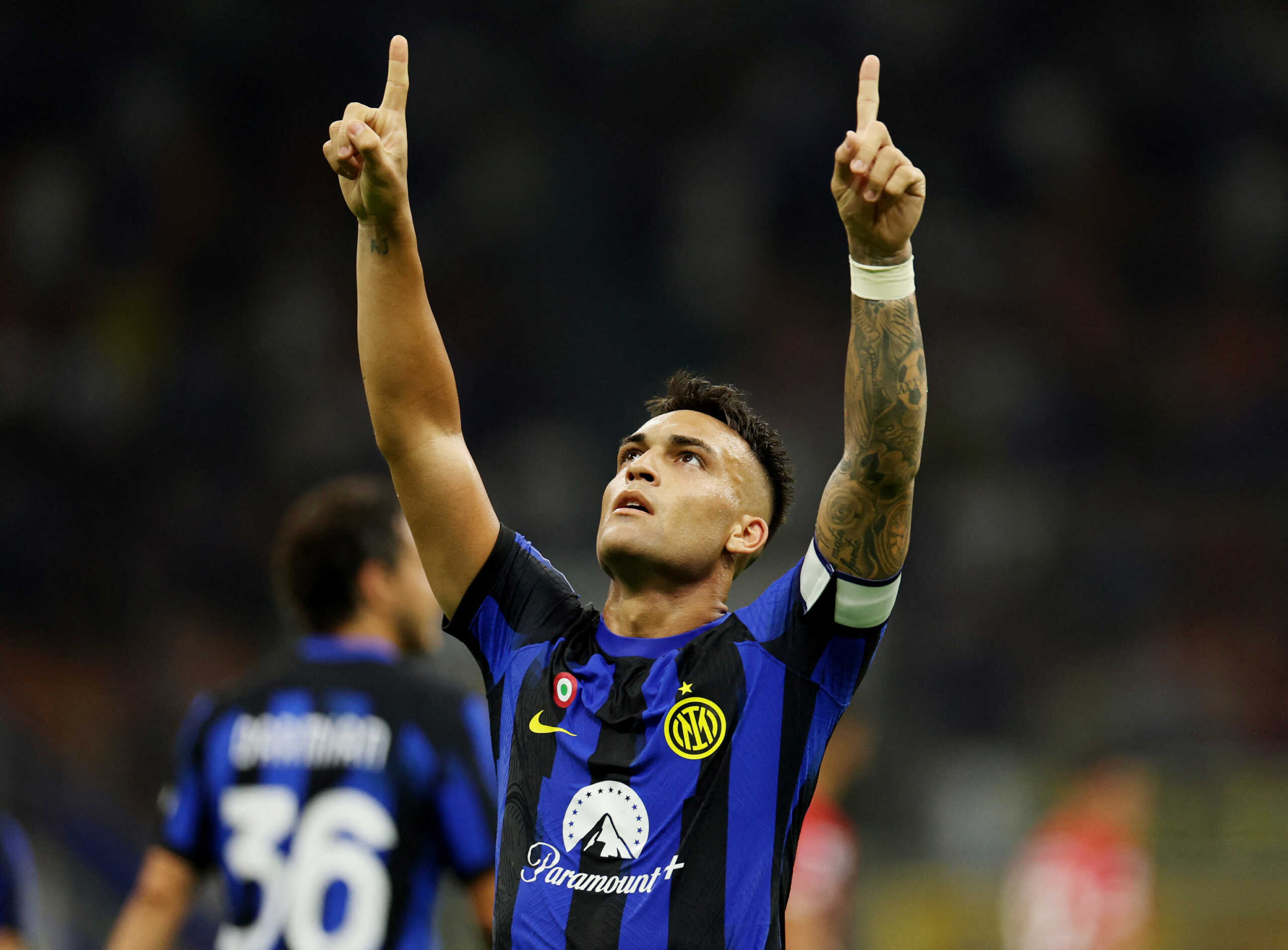Soccer Football - Serie A - Inter Milan v Monza - San Siro, Milan, Italy - August 19, 2023 Inter Milan's Lautaro Martinez celebrates scoring their second goal REUTERS