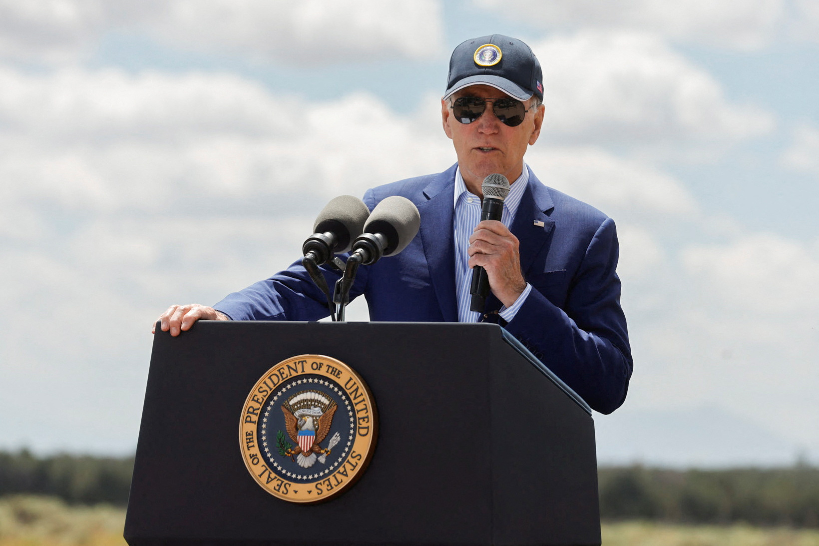 U.S. President Joe Biden delivers remarks on his administration's conservation efforts on the day he signs a proclamation establishing the Baaj Nwaavjo I'tah Kukveni – Ancestral Footprints of the Grand Canyon National Monument, at the Historic Red Butte Airfied in Tusayan, Arizona, U.S., August 8, 2023. REUTERS