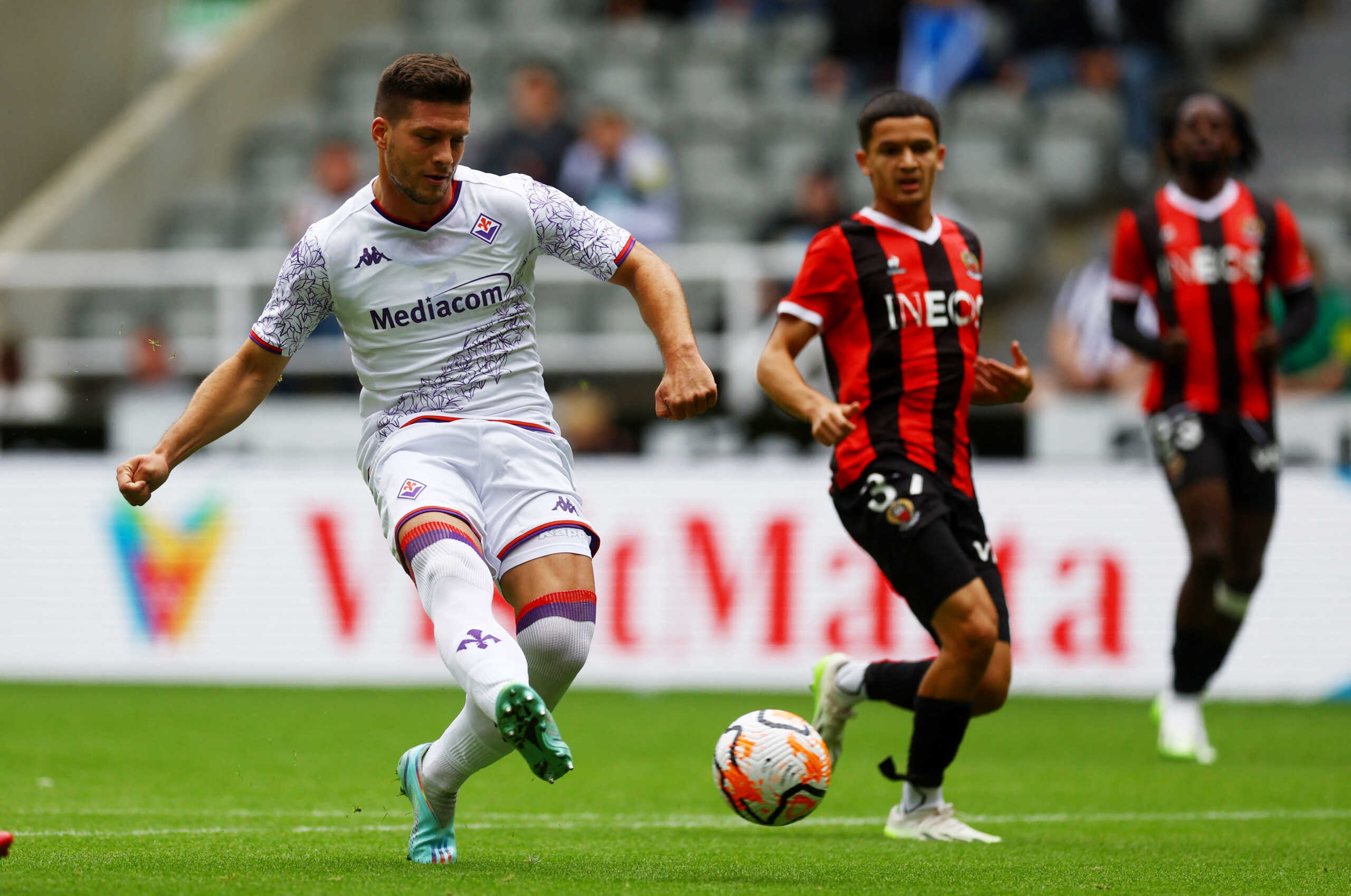 Soccer Football - Pre Season Friendly - OGC Nice v Fiorentina - St. James' Park, Newcastle, Britain - August 6, 2023  Fiorentina's Luka Jovic scores their first goal REUTERS