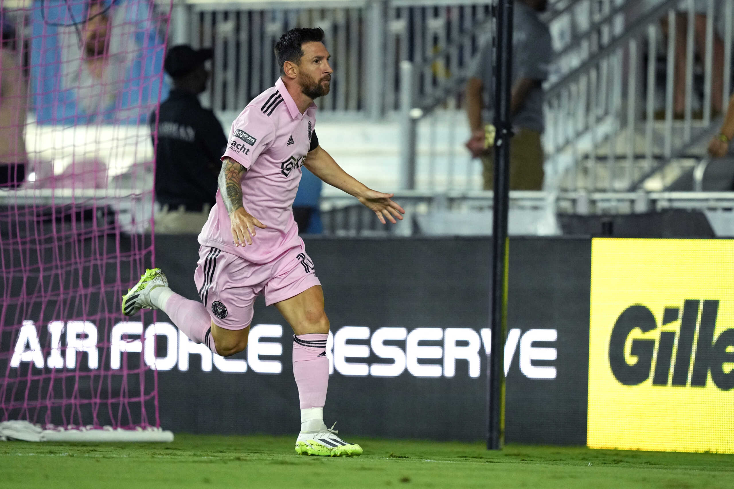 Aug 2, 2023; Fort Lauderdale, FL, USA; Inter Miami CF forward Lionel Messi (10) celebrates after scoring a goal against Orlando City SC during the first half  at DRV PNK Stadium. Mandatory Credit: Jim Rassol-USA TODAY Sports
