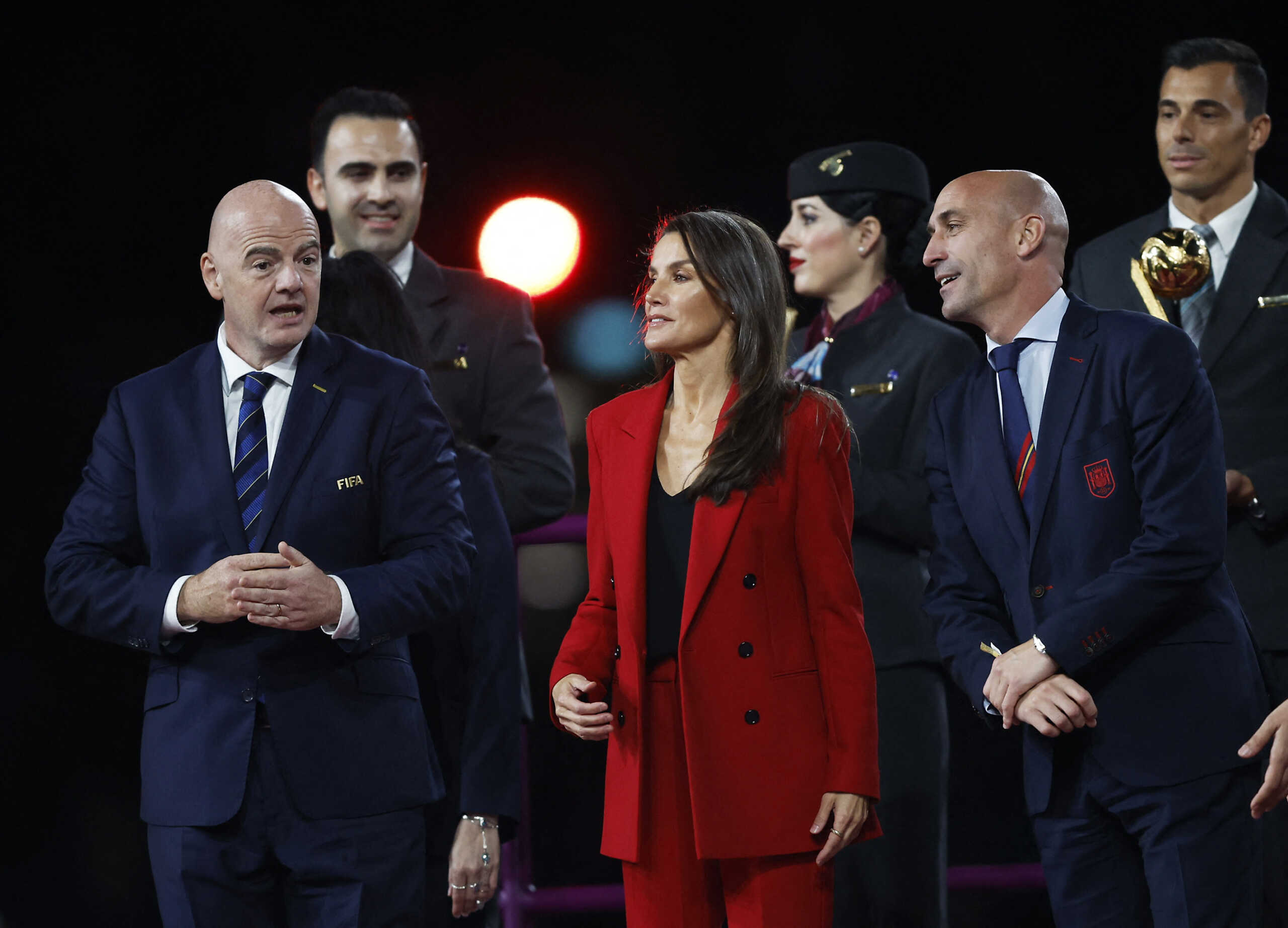 Soccer Football - FIFA Women's World Cup Australia and New Zealand 2023 - Final - Spain v England - Stadium Australia, Sydney, Australia - August 20, 2023 FIFA president Gianni Infantino and Spain's Queen Letizia before the ceremony REUTERS