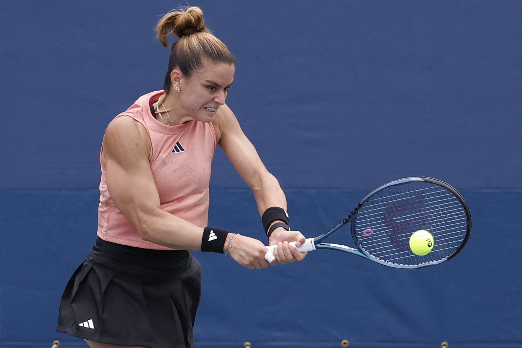 Aug 4, 2023; Washington, D.C., USA; Maria Sakkari (GRE) hits a backhand against Leylah Fernandez (CAN) (not pictured) on day seven of the Mubadala Citi DC Open at Fitzgerald Tennis Stadium. Mandatory Credit: Geoff Burke-USA TODAY Sports