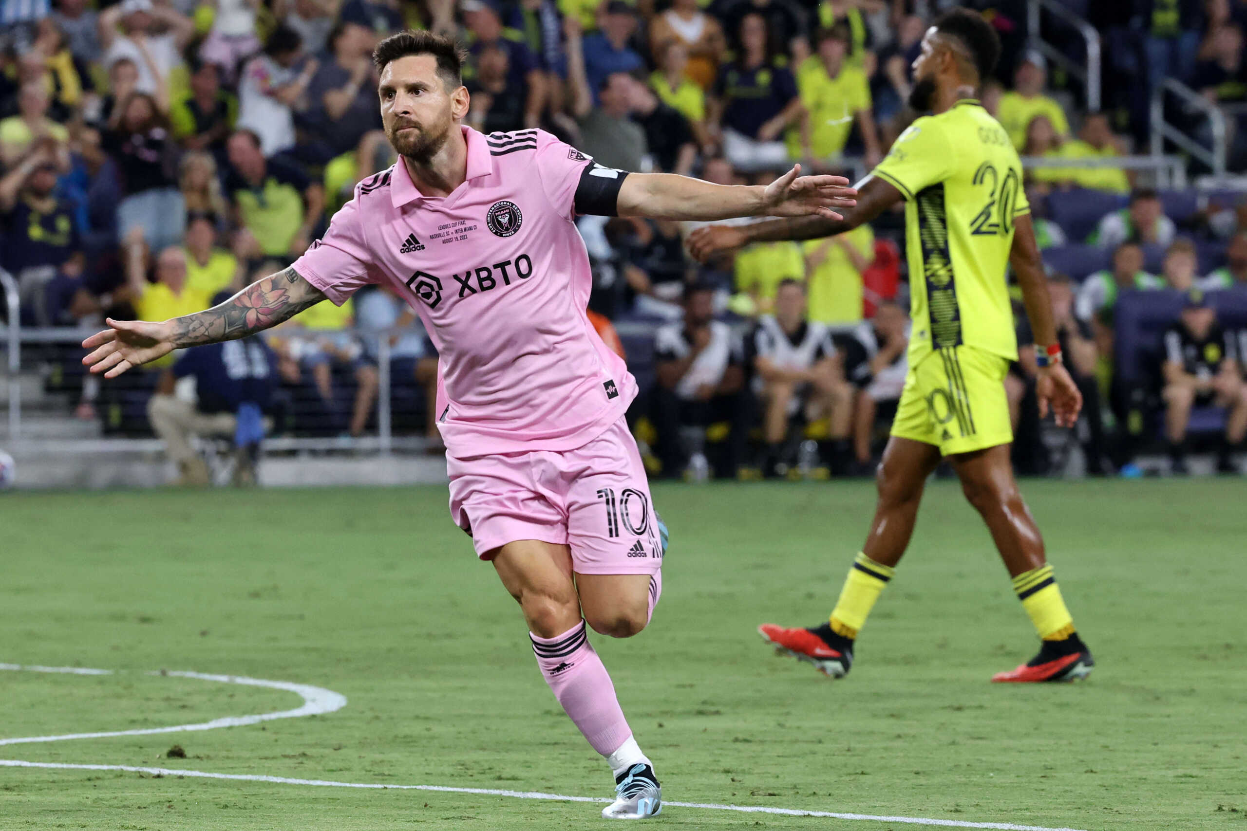 Aug 19, 2023; Nashville, TN, USA; Inter Miami forward Lionel Messi (10) reacts after scoring a goal against Nashville SC during he first half for the Leagues Cup Championship match at GEODIS Park.  Mandatory Credit: Vasha Hunt-USA TODAY Sports
