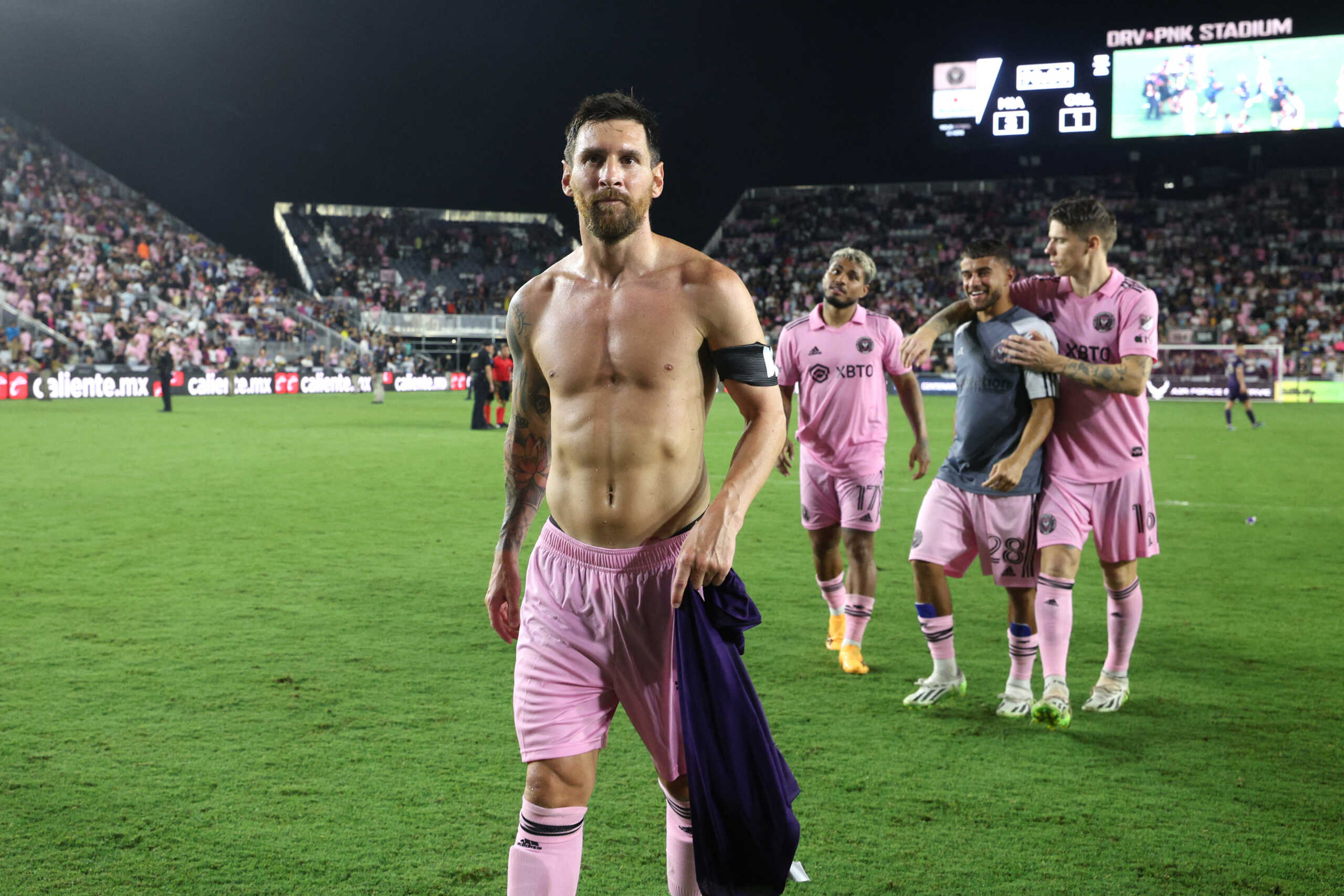 Aug 2, 2023; Fort Lauderdale, FL, USA; Inter Miami CF forward Lionel Messi (10) looks on after the match against Orlando City SC at DRV PNK Stadium. Mandatory Credit: Nathan Ray Seebeck-USA TODAY Sports