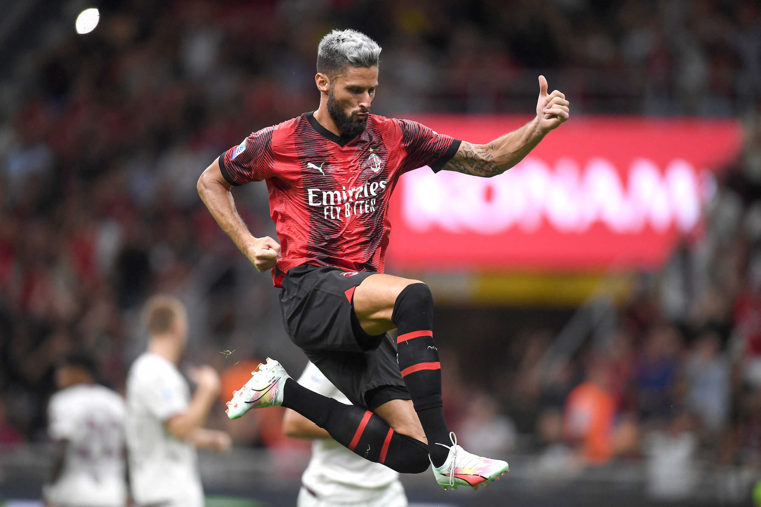 Soccer Football - Serie A - AC Milan v Torino - San Siro, Milan, Italy - August 26, 2023 AC Milan's Olivier Giroud celebrates scoring their fourth goal REUTERS