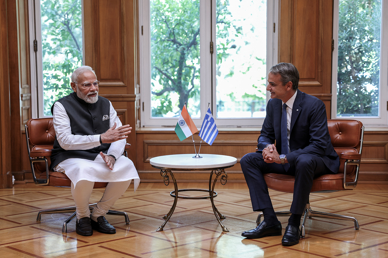 Greek Prime Minister Kyriakos Mitsotakis meets with India's Prime Minister Narendra Modi at the Maximos Mansion in Athens, Greece, August 25, 2023. REUTERS