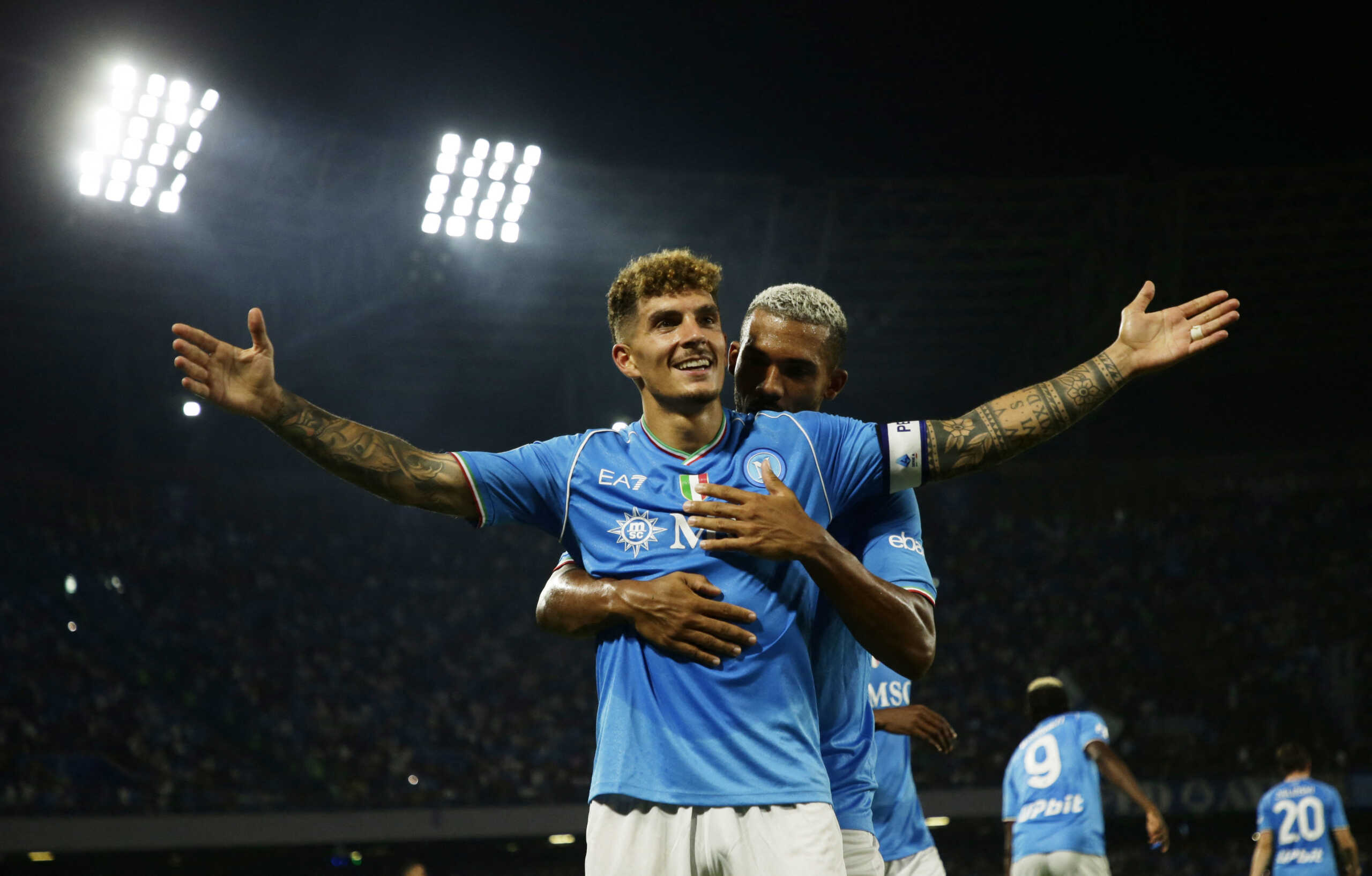 Soccer Football - Serie A - Napoli v Sassuolo - Stadio Diego Armando Maradona, Naples, Italy - August 27, 2023 Napoli's Giovanni Di Lorenzo celebrates scoring their second goal REUTERS