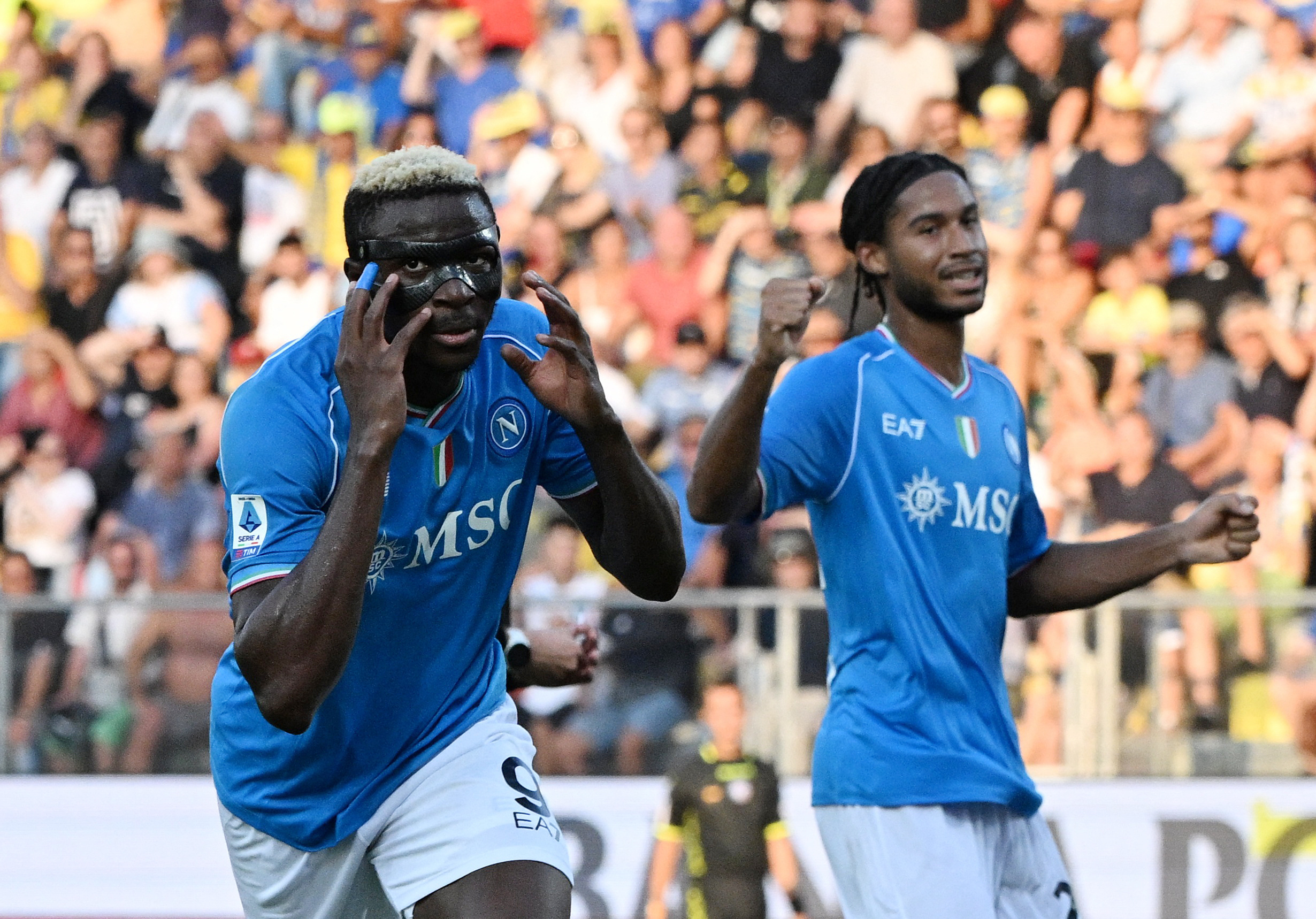 Soccer Football - Serie A - Frosinone v Napoli - Stadio Benito Stirpe, Frosinone, Italy - August 19, 2023 Napoli's Victor Osimhen celebrates scoring their second goal with Jens Cajuste REUTERS