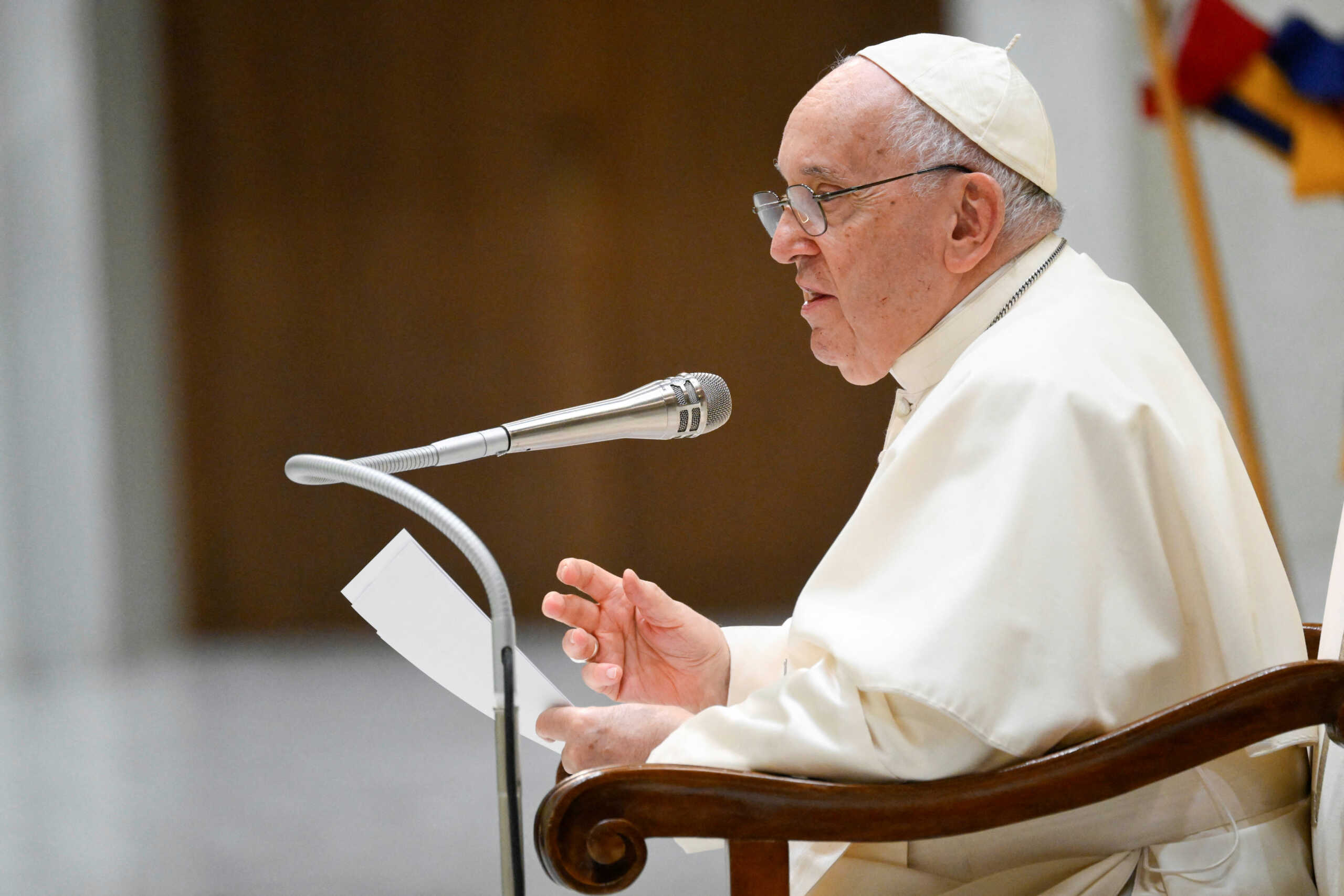 Pope Francis holds the weekly general audience in the Paul VI hall at the Vatican August 23, 2023.    Vatican Media