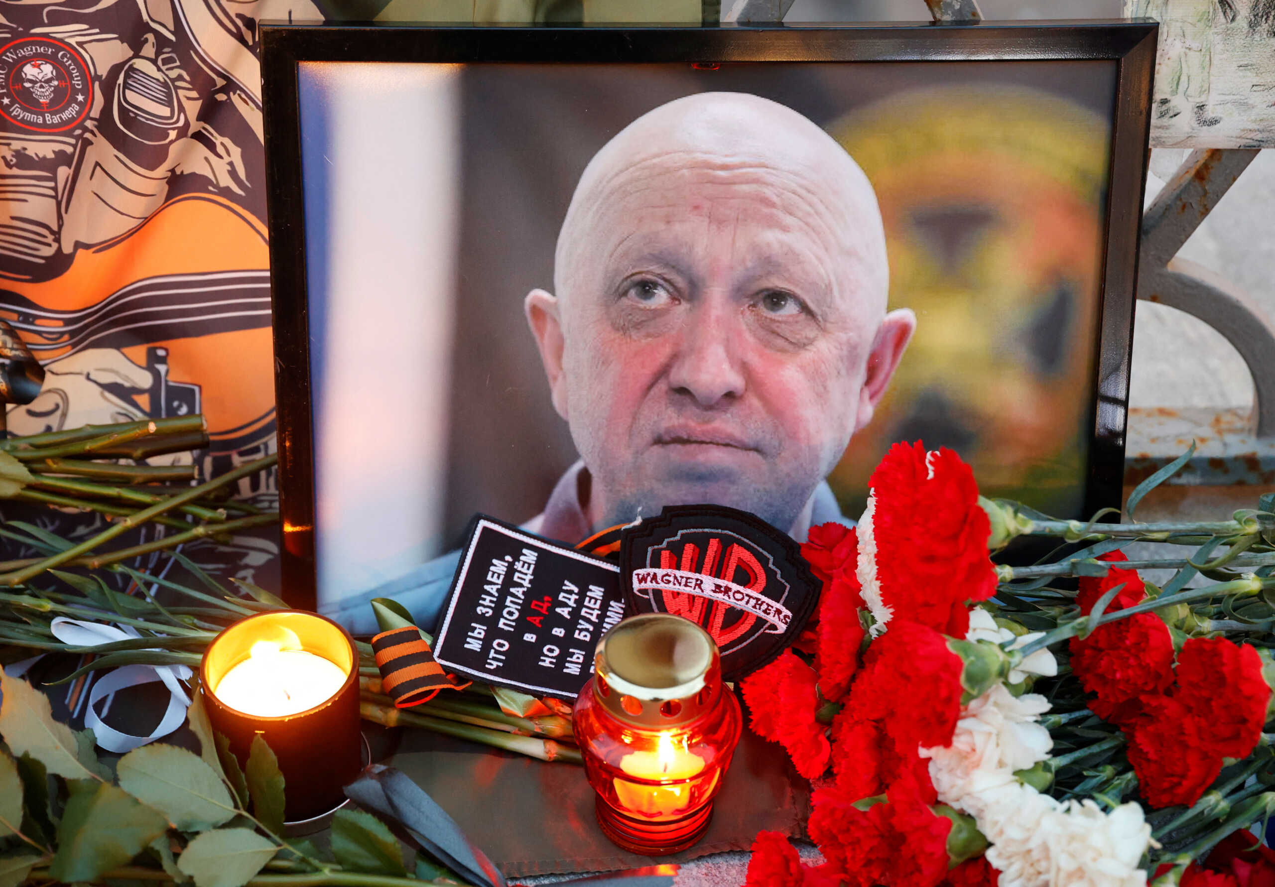 A view shows a portrait of Wagner mercenary chief Yevgeny Prigozhin at a makeshift memorial in Moscow, Russia August 24, 2023. REUTERS