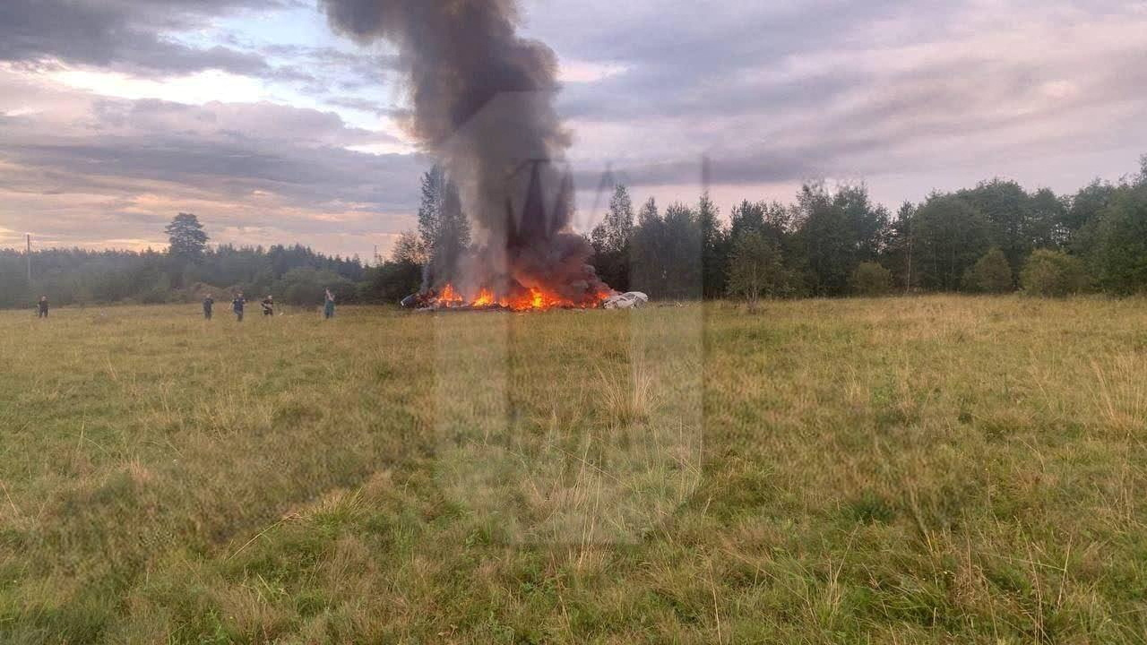 A view shows plane wreckage on fire following an alleged air accident at a location given as Tver region, Russia, in this image published August 23, 2023. Yevgeny Prigozhin, chief of Russian private mercenary group Wagner, was reportedly listed as a passenger on a private jet which crashed north of Moscow on August 23, 2023. Ostorozhno Novosti