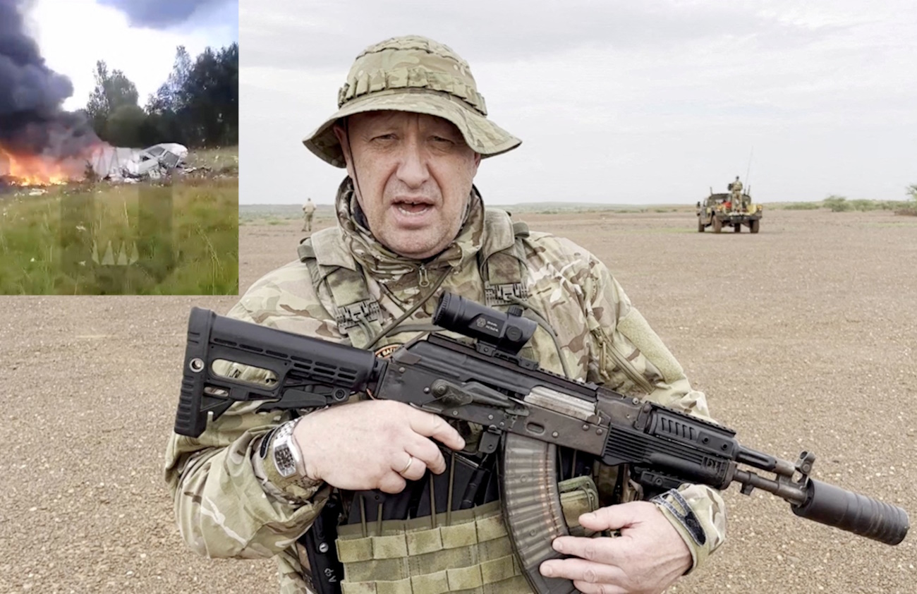 FILE PHOTO: Yevgeny Prigozhin, chief of Russian private mercenary group Wagner, gives an address in camouflage and with a weapon in his hands in a desert area at an unknown location, in this still image taken from video possibly shot in Africa and published August 21, 2023. Courtesy PMC Wagner via Telegram via REUTERS ATTENTION EDITORS - THIS IMAGE WAS PROVIDED BY A THIRD PARTY. NO RESALES. NO ARCHIVES. MANDATORY CREDIT.