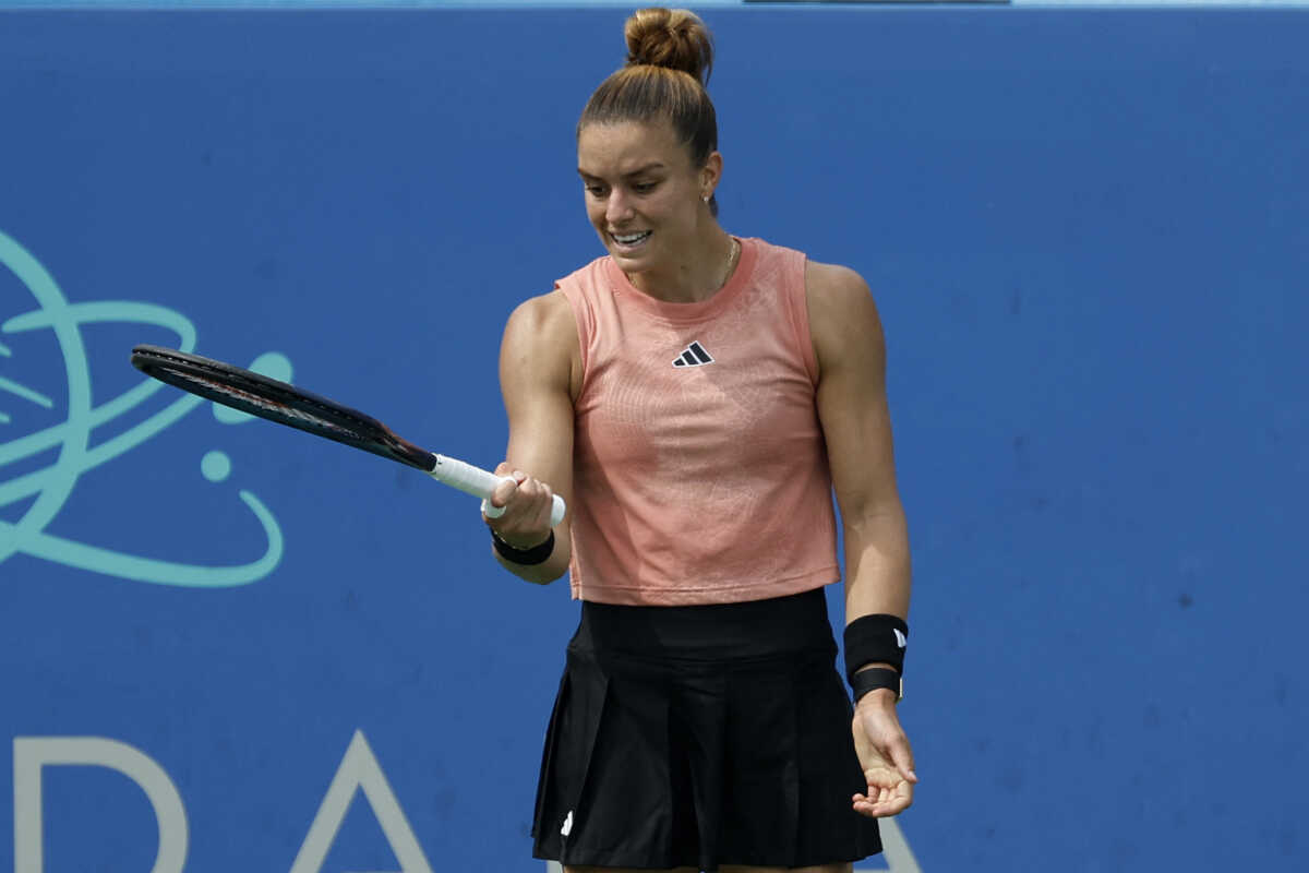 Aug 5, 2023; Washington, D.C., USA; Maria Sakkari (GRE) reacts after missing a shot against Jessica Pegula (USA) (not pictured) in a women's singles semifinal on day eight of the Mubadala Citi DC Open at Fitzgerald Tennis Stadium. Mandatory Credit: Geoff Burke-USA TODAY Sports