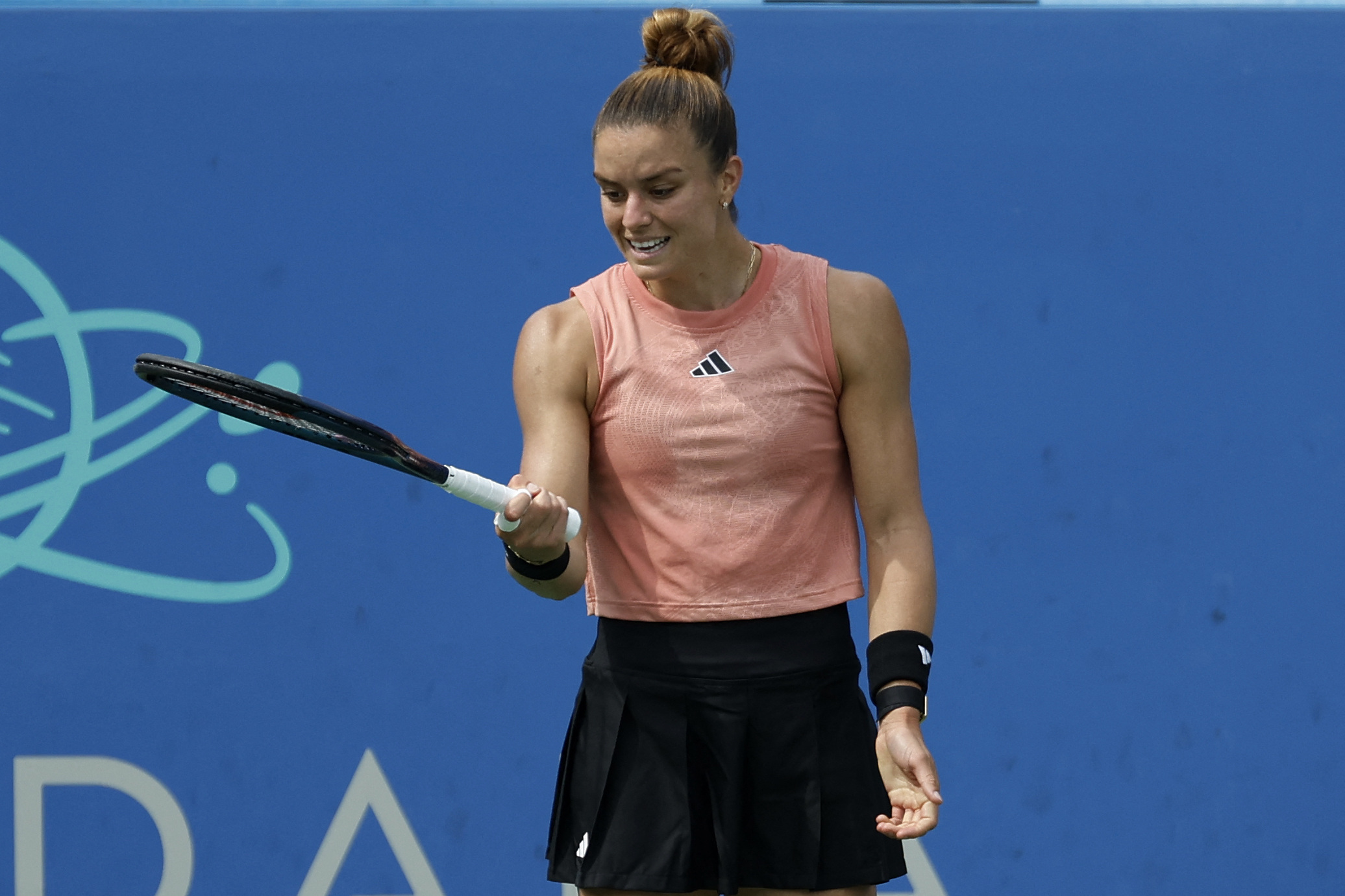 Aug 5, 2023; Washington, D.C., USA; Maria Sakkari (GRE) reacts after missing a shot against Jessica Pegula (USA) (not pictured) in a women's singles semifinal on day eight of the Mubadala Citi DC Open at Fitzgerald Tennis Stadium. Mandatory Credit: Geoff Burke-USA TODAY Sports