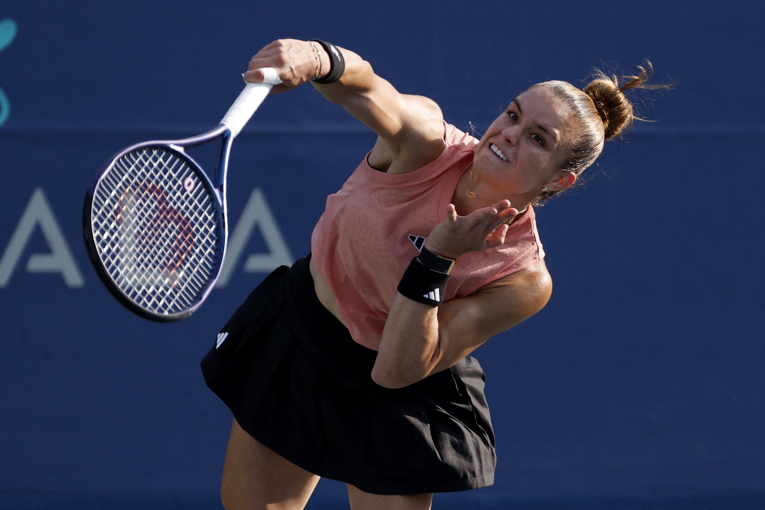 Aug 4, 2023; Washington, D.C., USA; Maria Sakkari (GRE) serves against Madison Keys (USA) (not pictured) on day seven of the Mubadala Citi DC Open at Fitzgerald Tennis Stadium. Mandatory Credit: Geoff Burke-USA TODAY Sports