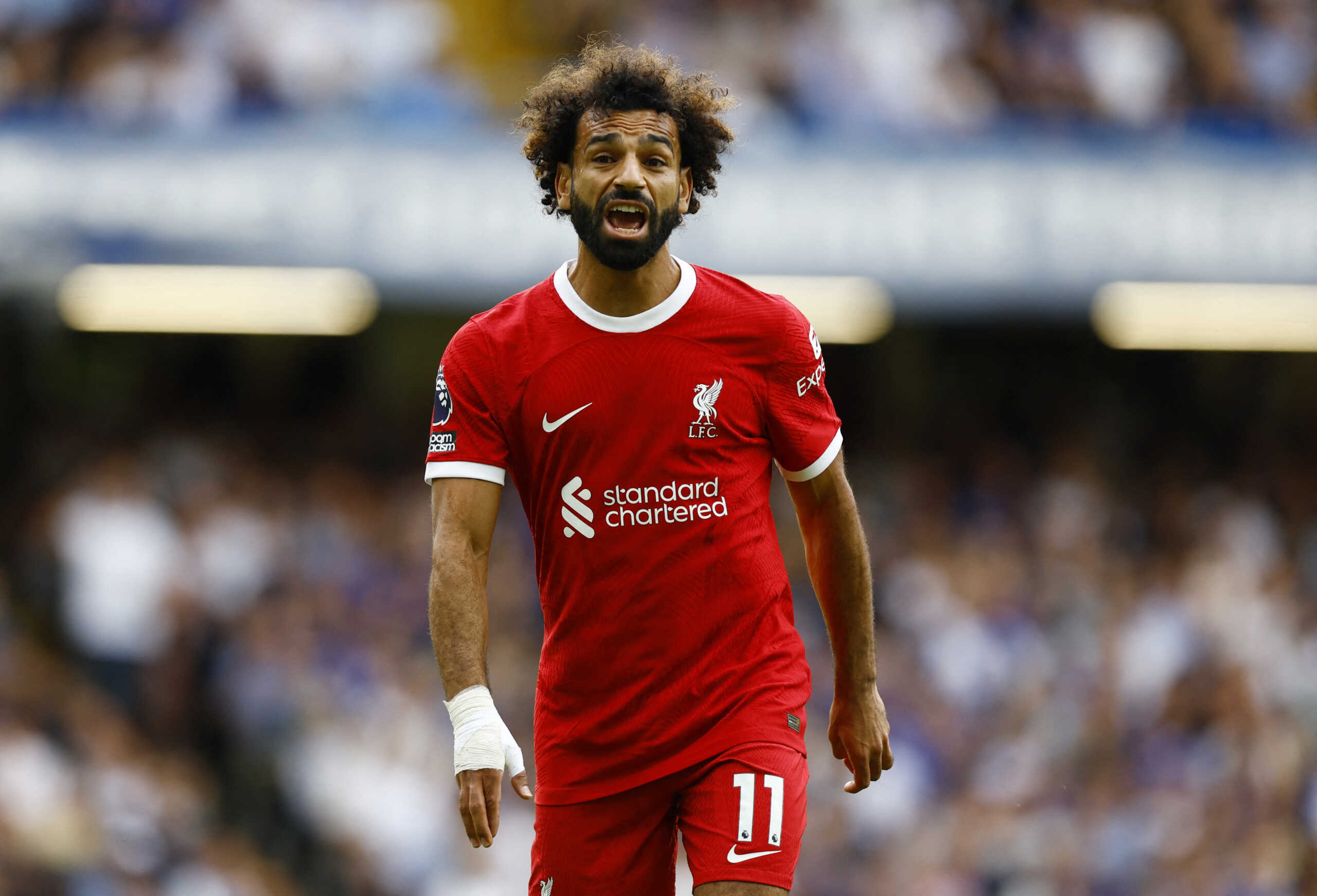 Soccer Football - Premier League - Chelsea v Liverpool - Stamford Bridge, London, Britain - August 13, 2023 Liverpool's Mohamed Salah reacts Action Images via Reuters
