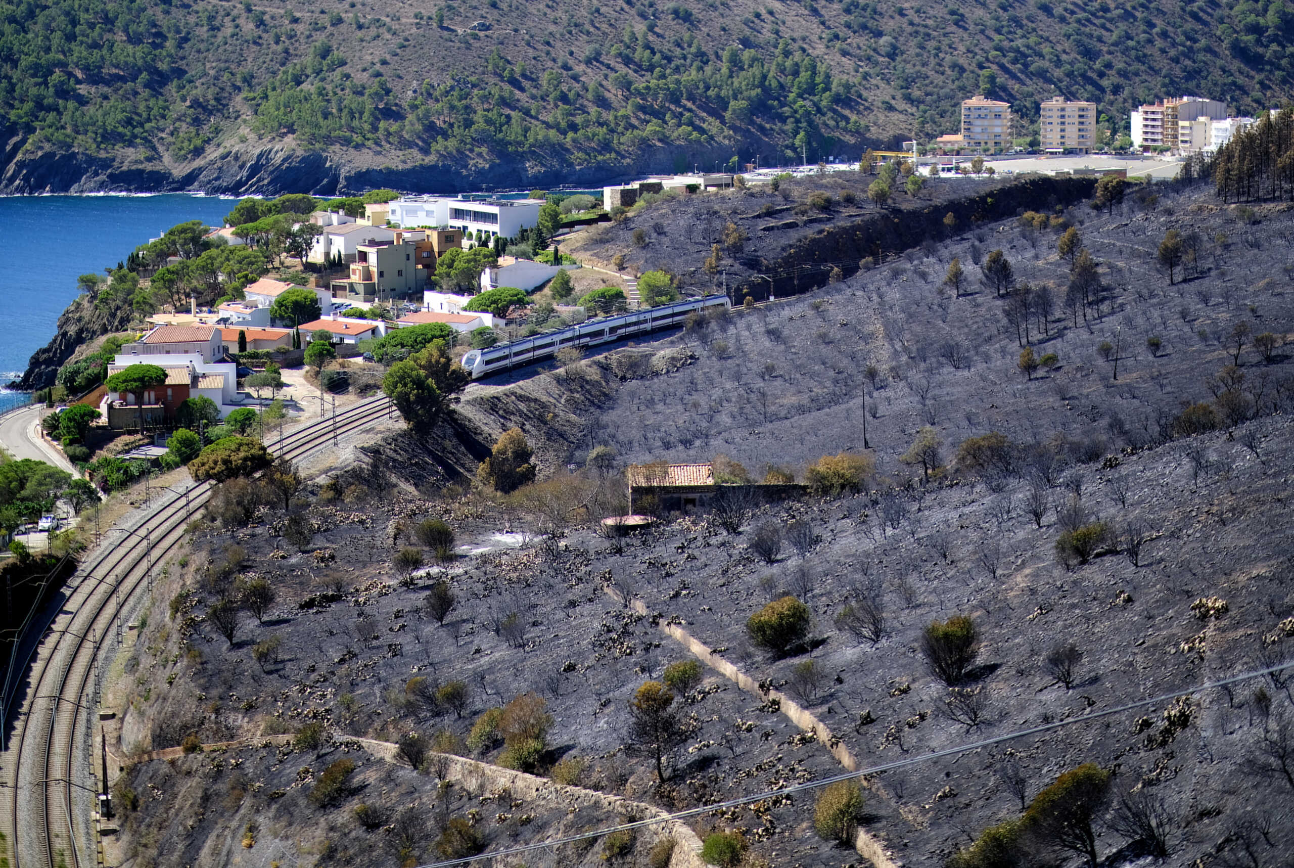 A train travels next to homes and scorched lands after a wildfire on the Spanish-French border, near Colera, Spain, August 6, 2023. REUTERS