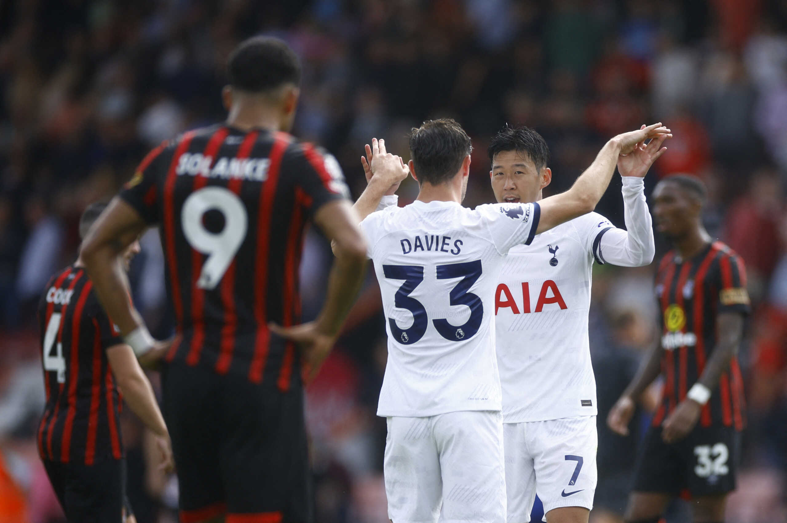 Soccer Football - Premier League - AFC Bournemouth v Tottenham Hotspur - Vitality Stadium, Bournemouth, Britain - August 26, 2023 Tottenham Hotspur's Ben Davies and Son Heung-min celebrate after the match Action Images via Reuters