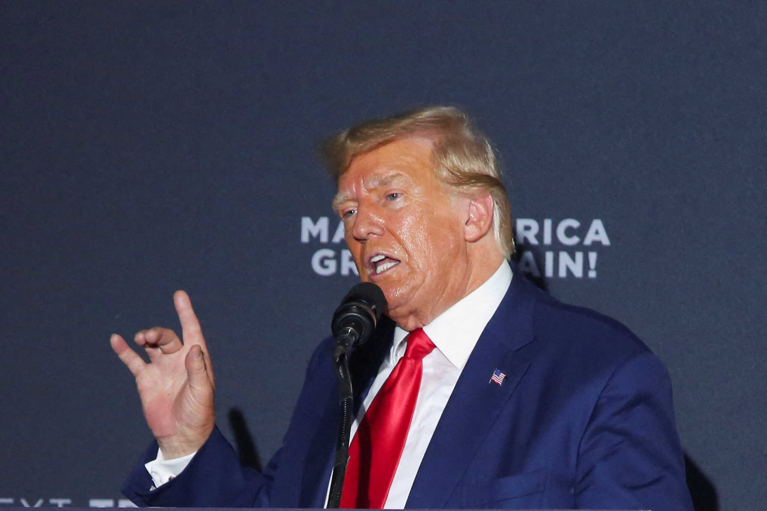FILE PHOTO: Former U.S. President and Republican presidential candidate Donald Trump speaks during a campaign rally in Windham, New Hampshire, U.S., Aug. 8, 2023.  REUTERS