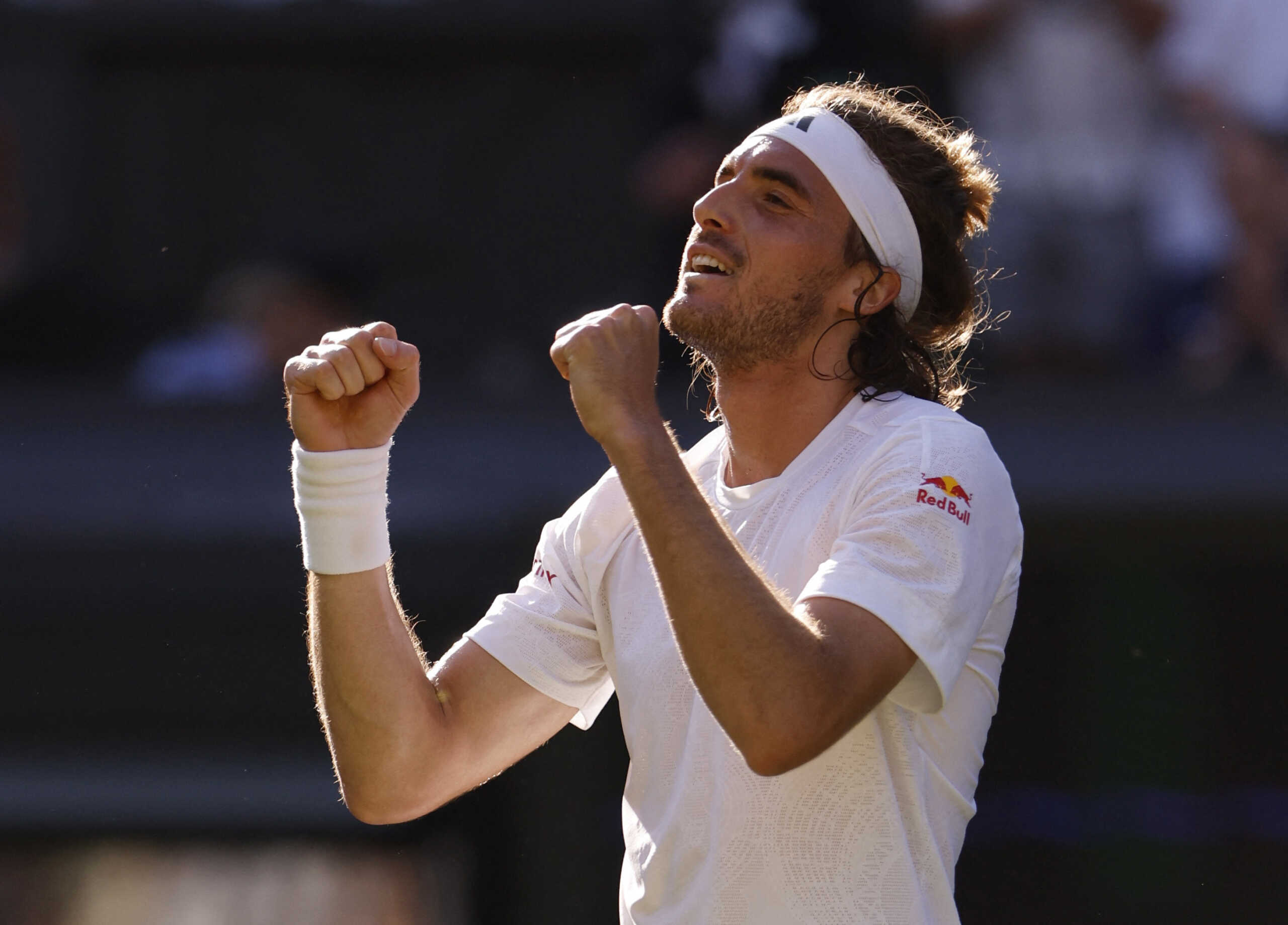 Tennis - Wimbledon - All England Lawn Tennis and Croquet Club, London, Britain - July 7, 2023 Greece’s Stefanos Tsitsipas celebrates winning his second round match against Britain’s Andy Murray REUTERS