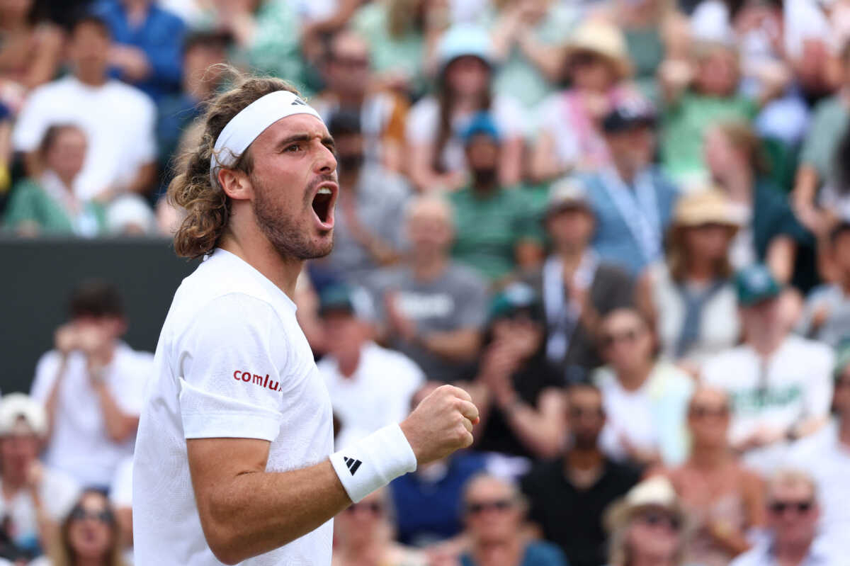 Tennis - Wimbledon - All England Lawn Tennis and Croquet Club, London, Britain - July 10, 2023 Greece's Stefanos Tsitsipas reacts during his fourth round match against Christopher Eubanks of the U.S. REUTERS