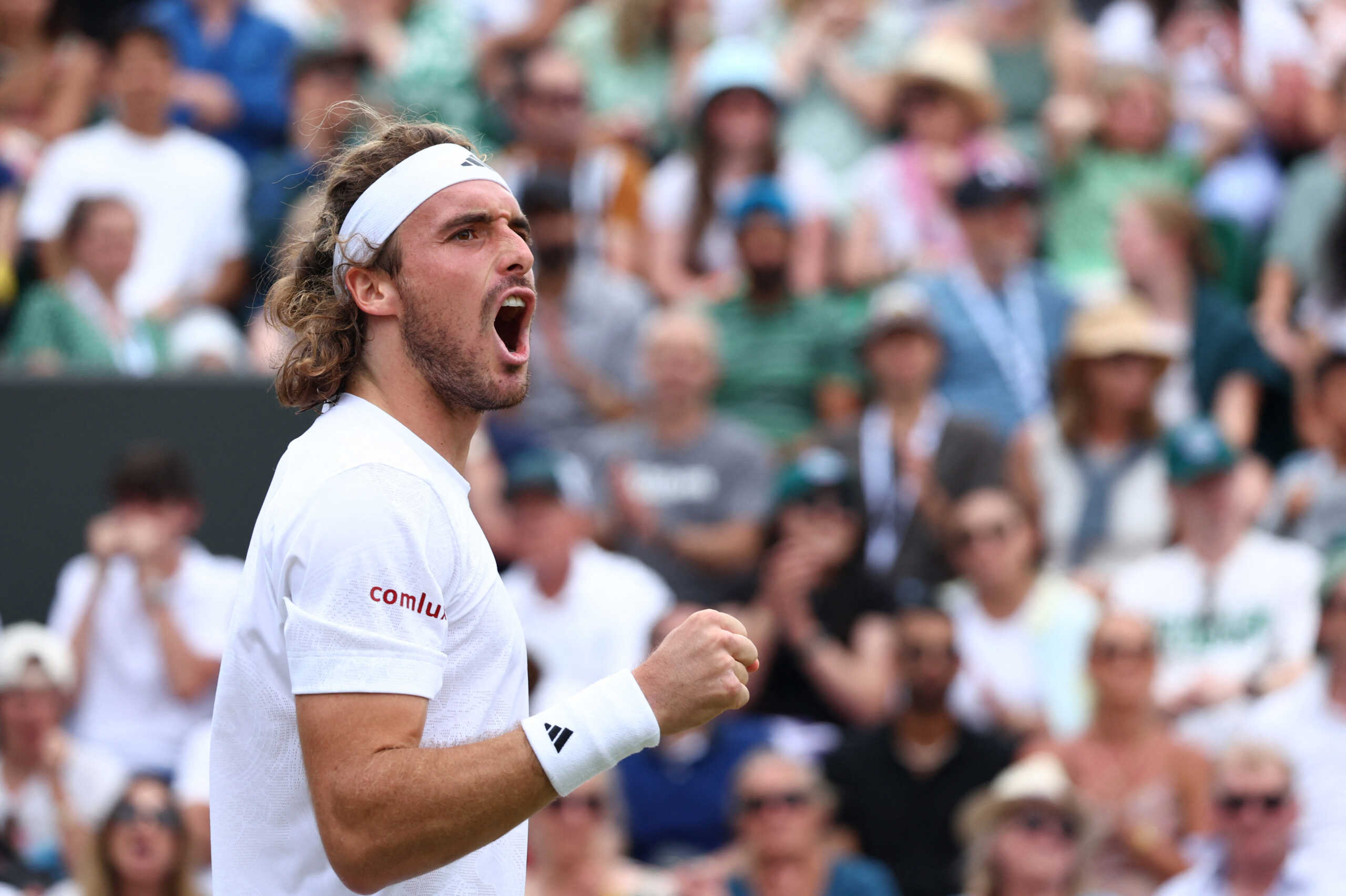 Tennis - Wimbledon - All England Lawn Tennis and Croquet Club, London, Britain - July 10, 2023 Greece's Stefanos Tsitsipas reacts during his fourth round match against Christopher Eubanks of the U.S. REUTERS