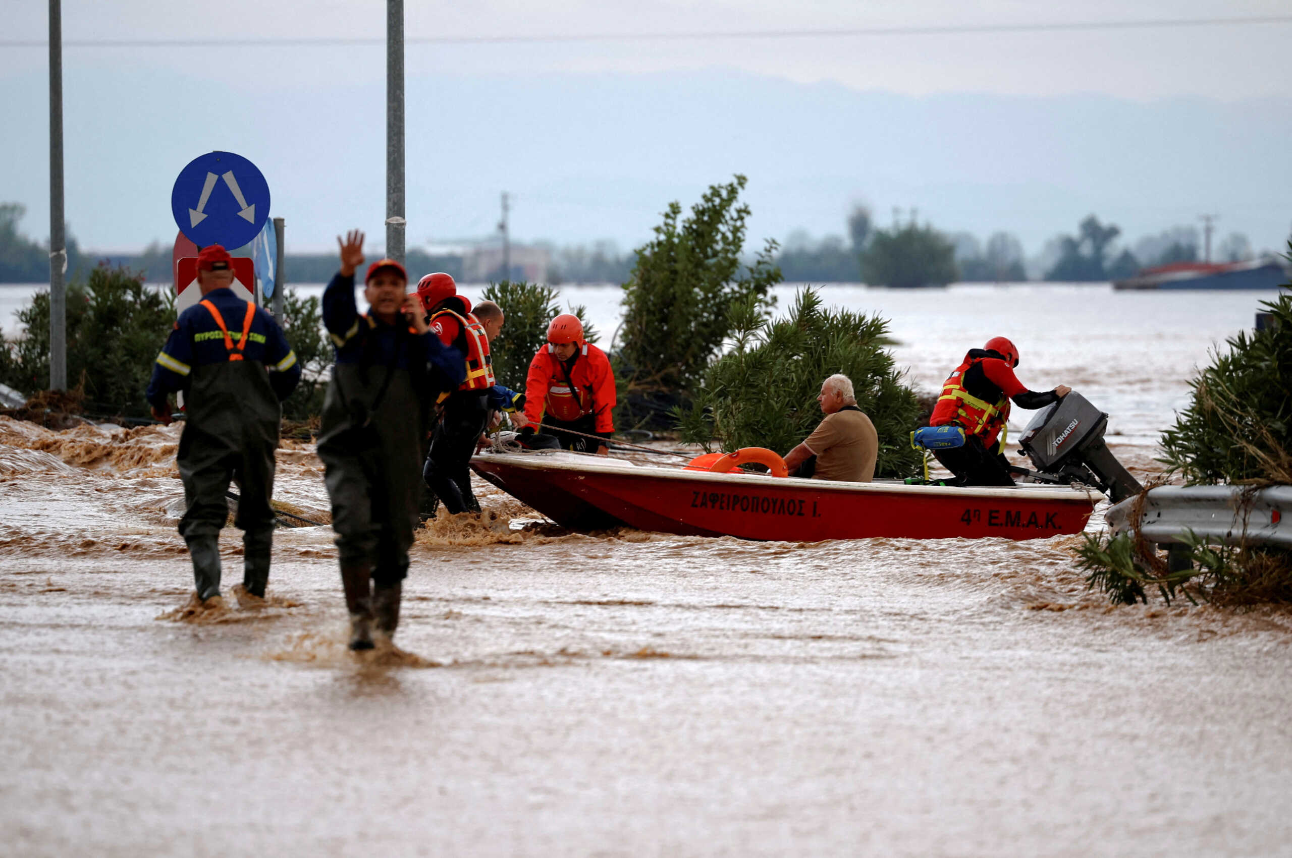 Rescue personnel operate during an evacuation from an area flooded due to the impact of storm Daniel, in Astritsa, Greece, September 7, 2023. REUTERS