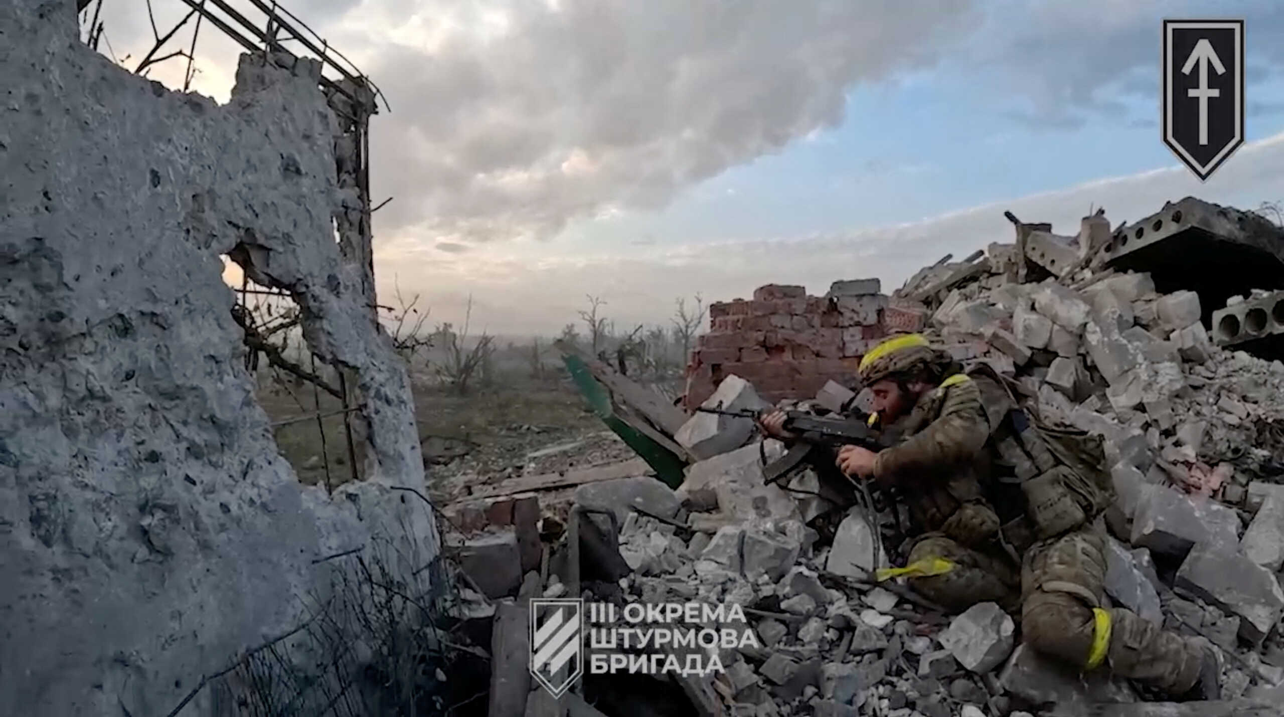 A view of a Ukrainian soldier during the purported liberation of Andriivka, at a location given as Andriivka, Donetsk Region, Ukraine, in a screen grab obtained from a handout video released  September 16, 2023.  3rd assault brigade