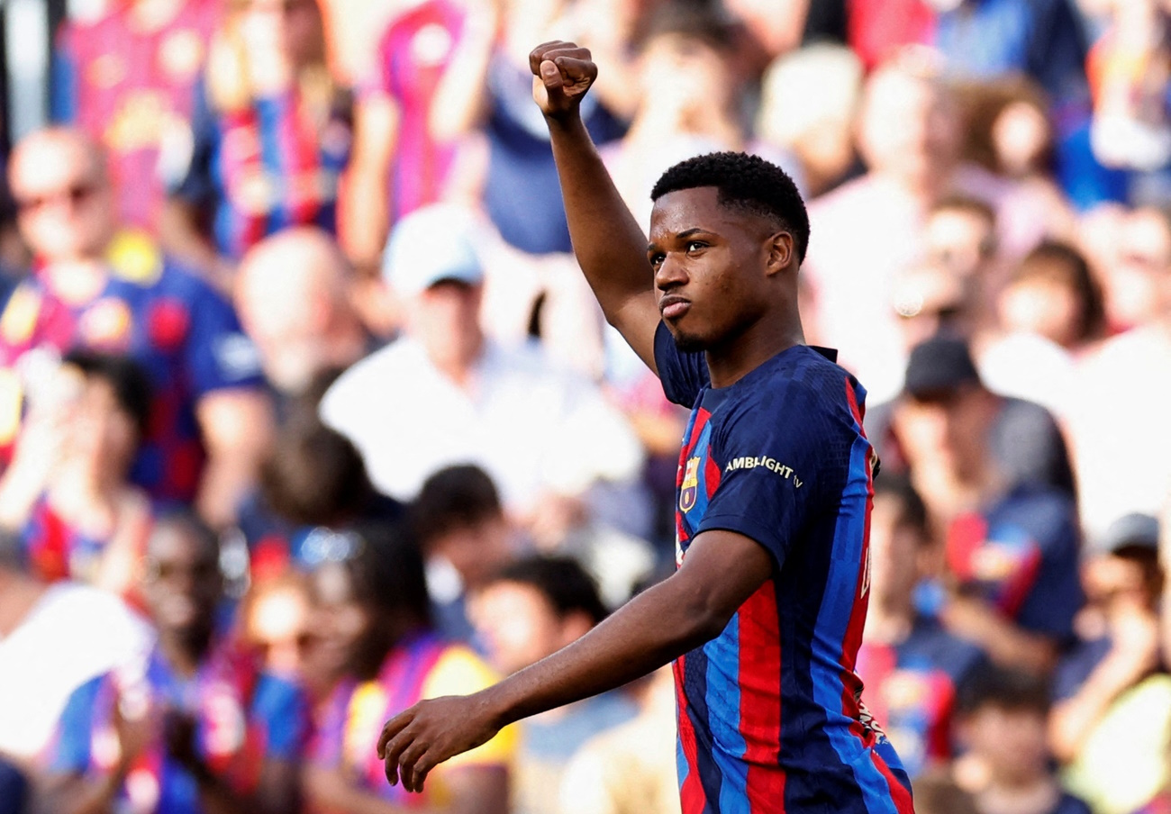 FILE PHOTO: Soccer Football - LaLiga - FC Barcelona v RCD Mallorca - Camp Nou, Barcelona, Spain - May 28, 2023 FC Barcelona's Ansu Fati celebrates scoring their second goal REUTERS