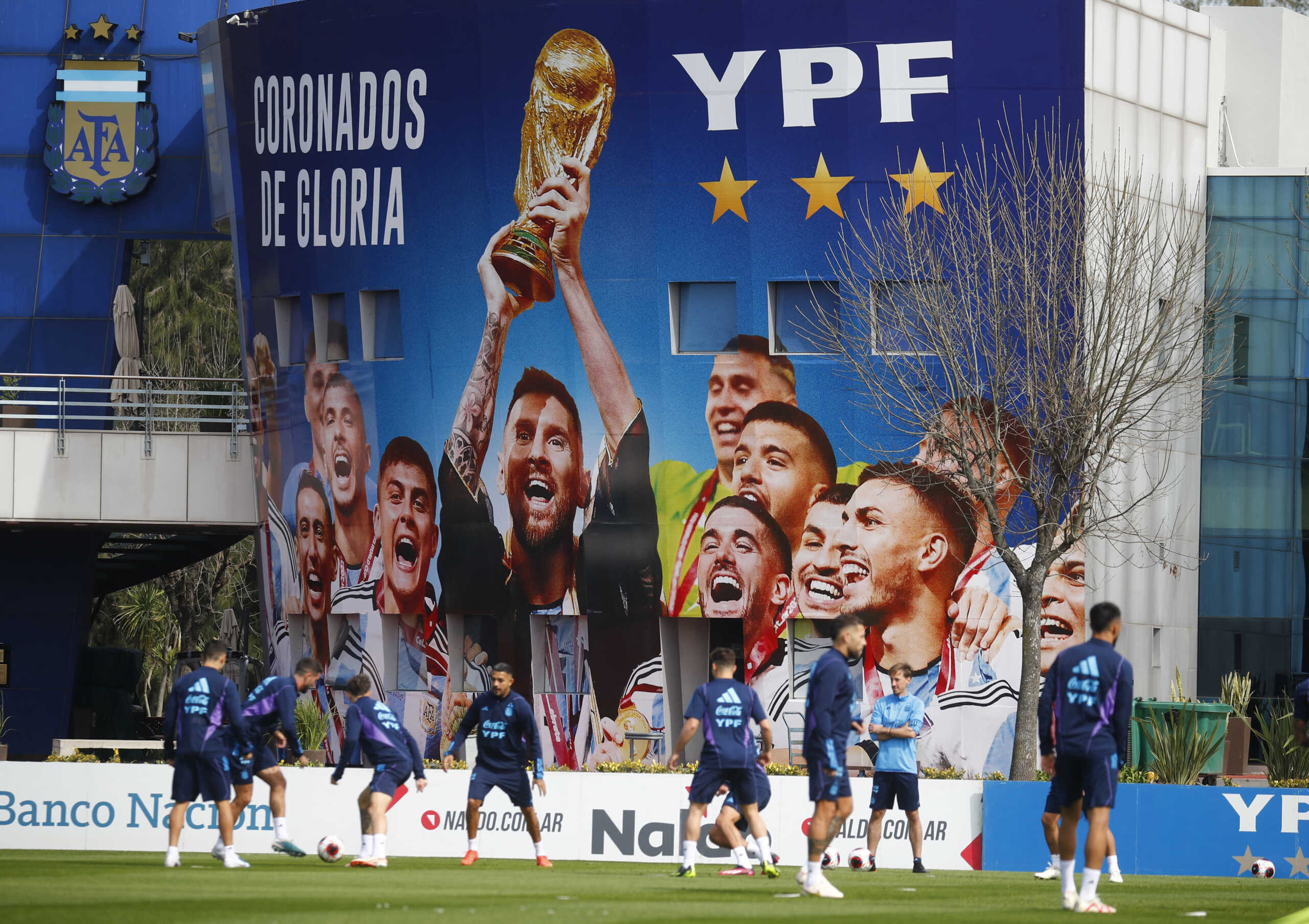 Soccer Football - World Cup - South American Qualifiers - Argentina Training - Stadium, Buenos Aires, Argentina - September 10, 2023 General view of a mural with Argentina lifting the World Cup trophy during training REUTERS