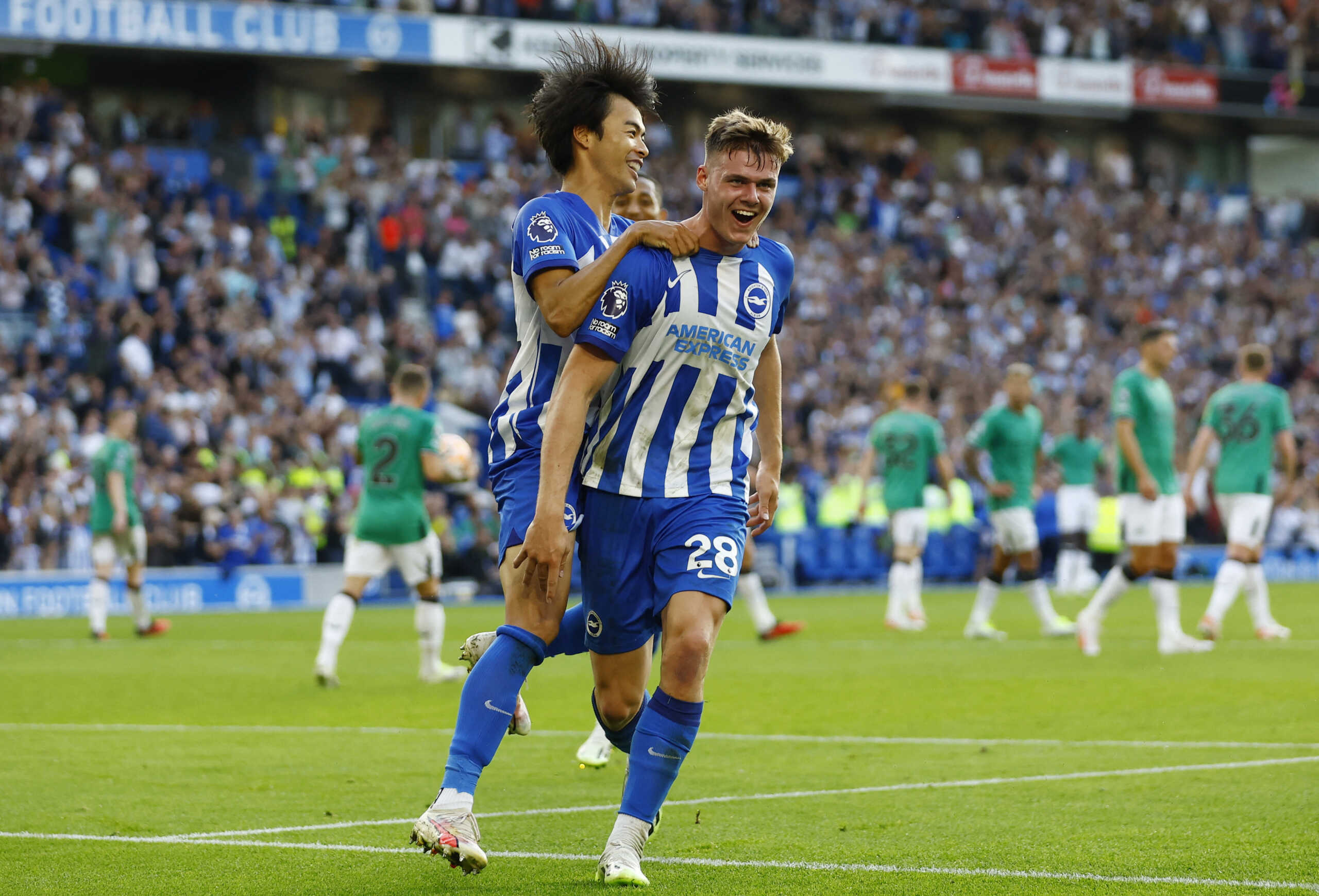 Soccer Football - Premier League - Brighton & Hove Albion v Newcastle United - The American Express Community Stadium, Brighton, Britain - September 2, 2023 Brighton & Hove Albion's Evan Ferguson celebrates scoring their third goal with Kaoru Mitoma Action Images via Reuters