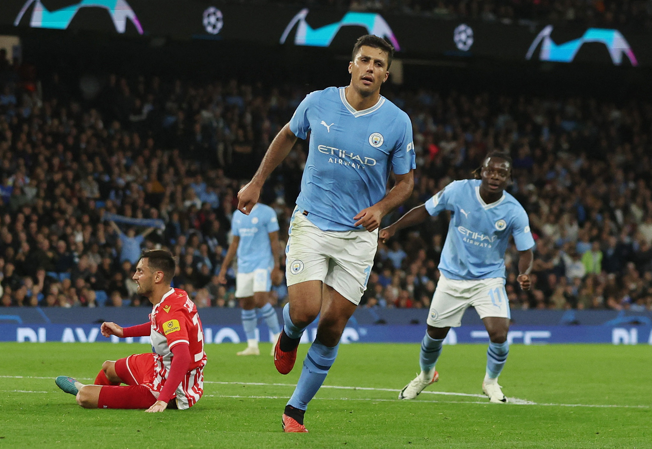 Soccer Football - Champions League - Group G - Manchester City v Crvena Zvezda - Etihad Stadium, Manchester, Britain - September 19, 2023 Manchester City's Rodri celebrates scoring their third goal REUTERS