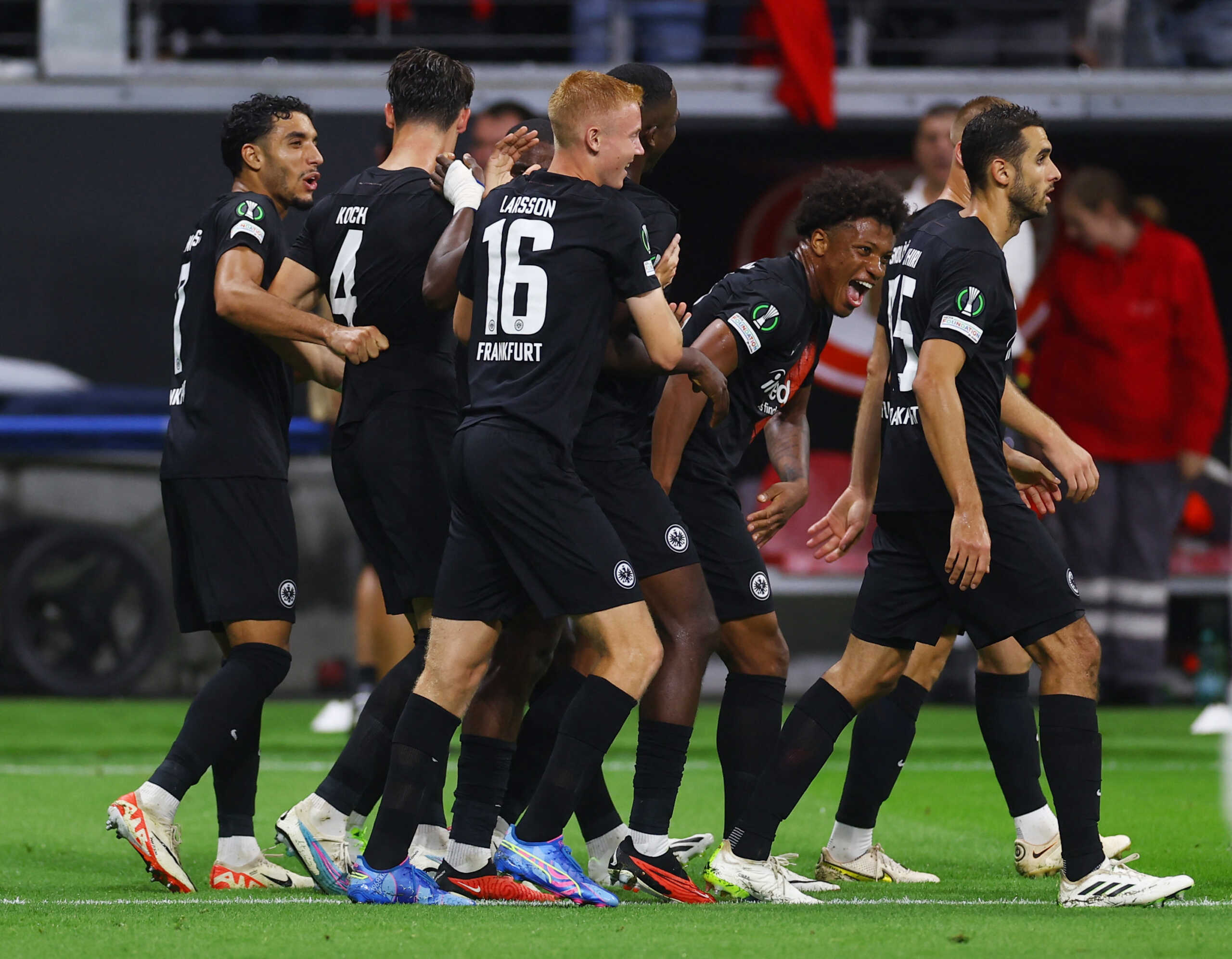 Soccer Football - Europa Conference League - Group G - Eintracht Frankfurt v Aberdeen - Deutsche Bank Park, Frankfurt, Germany - September 21, 2023 Eintracht Frankfurt's Robin Koch celebrates scoring their second goal with teammates REUTERS