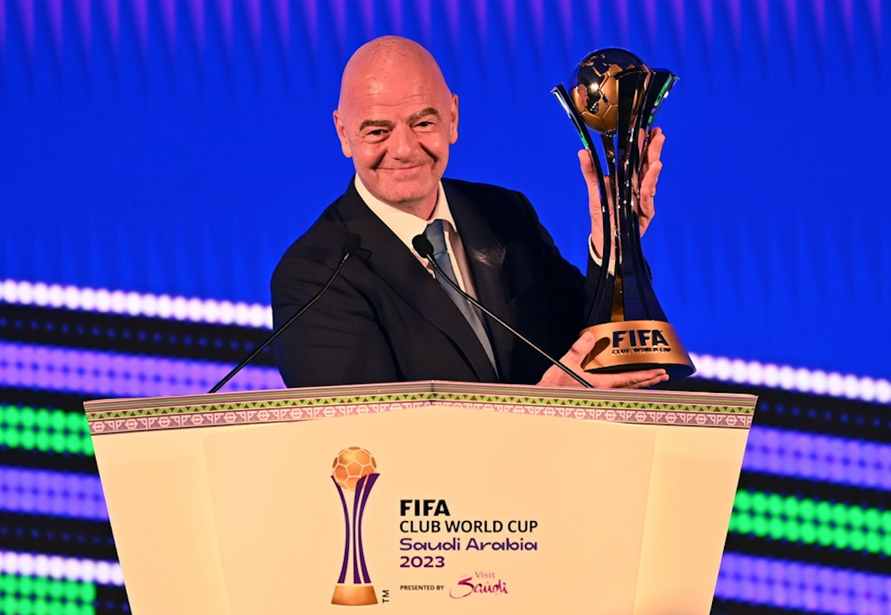 epa10841789 FIFA President Gianni Infantino speaks during the draw for the FIFA Club World Cup Saudi Arabia 2023, in Jeddah, Saudi Arabia, 05 September 2023. The 20th edition of the FIFA Club World Cup will be hosted for the first time by Saudi Arabia between 12 and 22 December 2023.  EPA