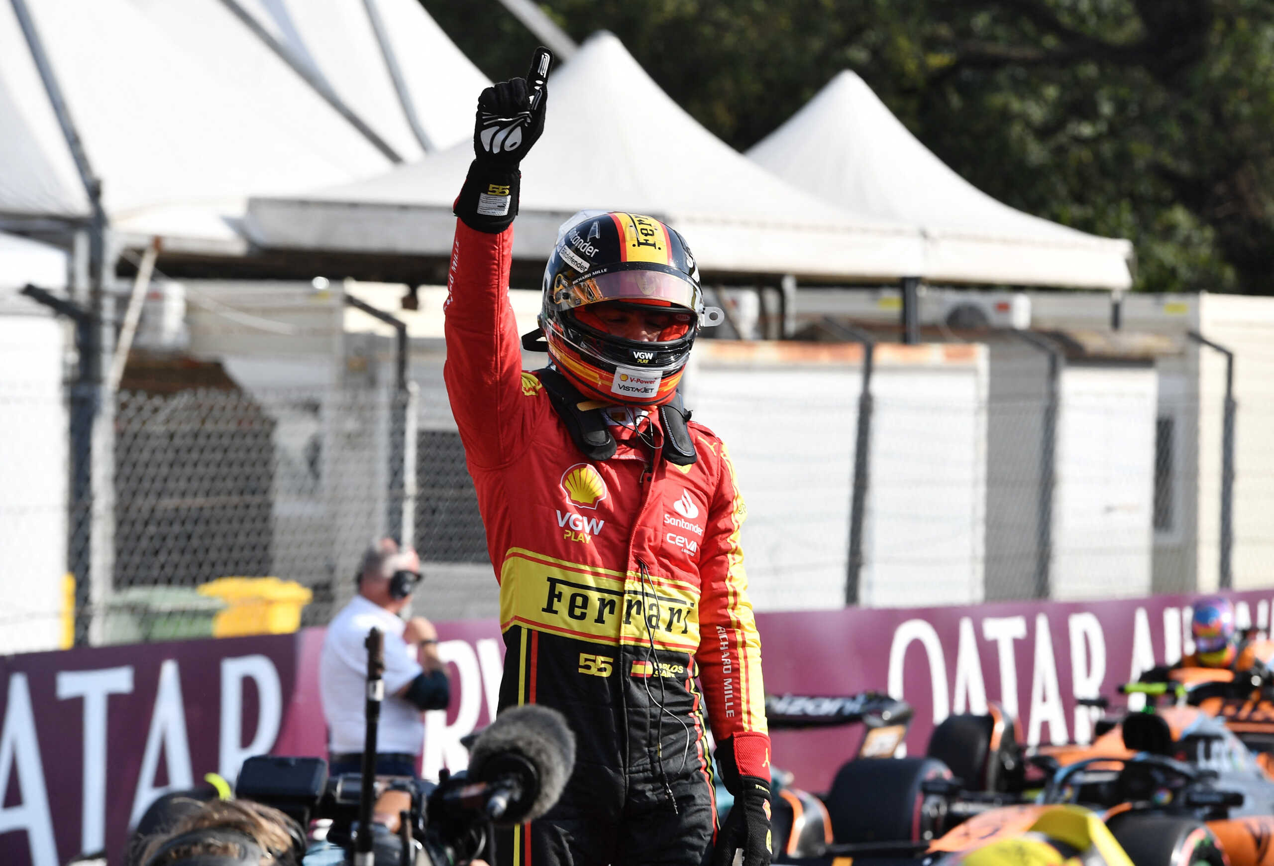 Formula One F1 - Italian Grand Prix - Autodromo Nazionale Monza, Monza, Italy - September 2, 2023 Ferrari's Carlos Sainz Jr. celebrates after qualifying in pole position REUTERS