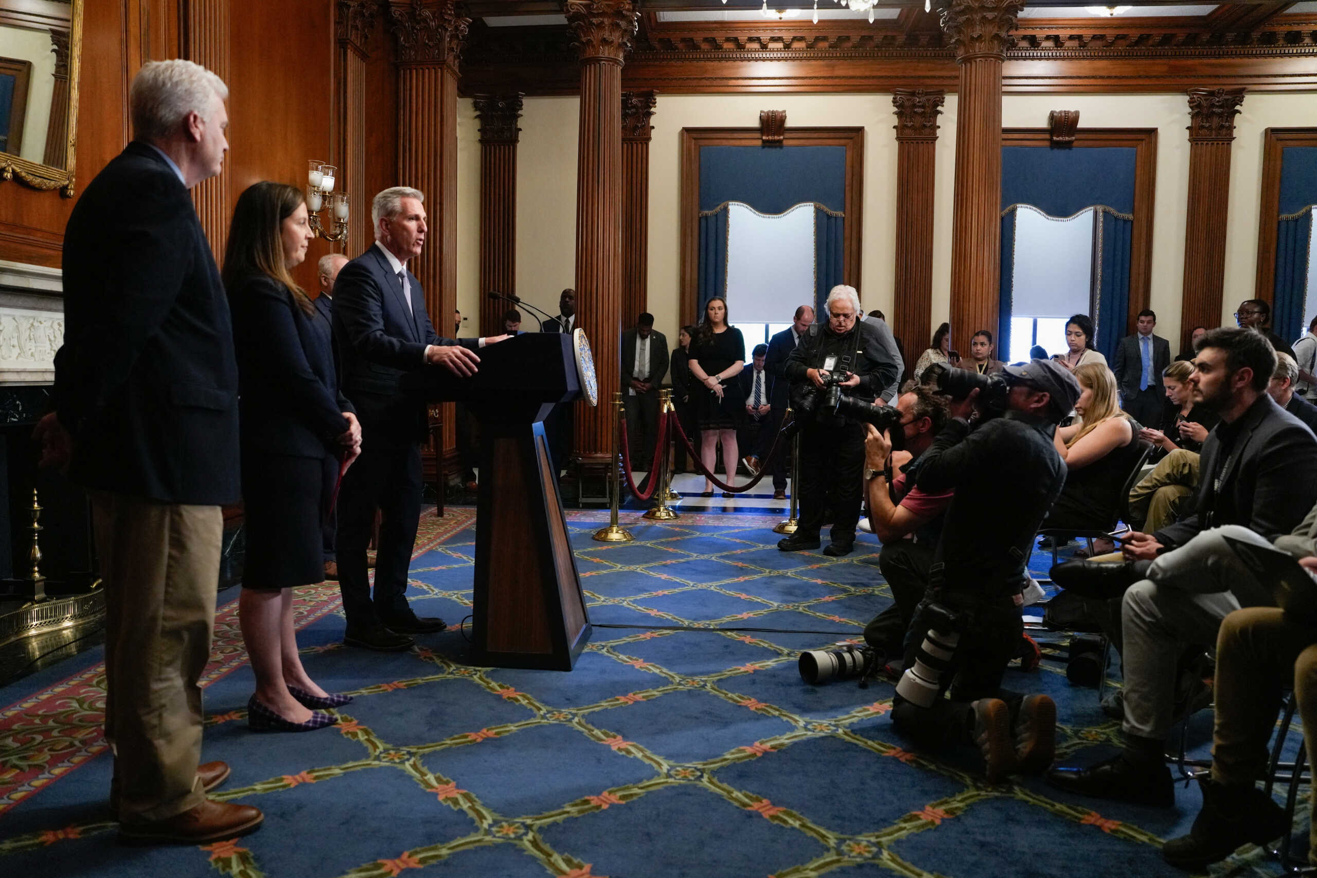 U.S. House Speaker Kevin McCarthy (R-CA) speaks to reporters in the U.S. Capitol after the House of Representatives passed a stopgap government funding bill to avert an immediate government shutdown, on Capitol Hill in Washington, U.S. September 30, 2023.  REUTERS
