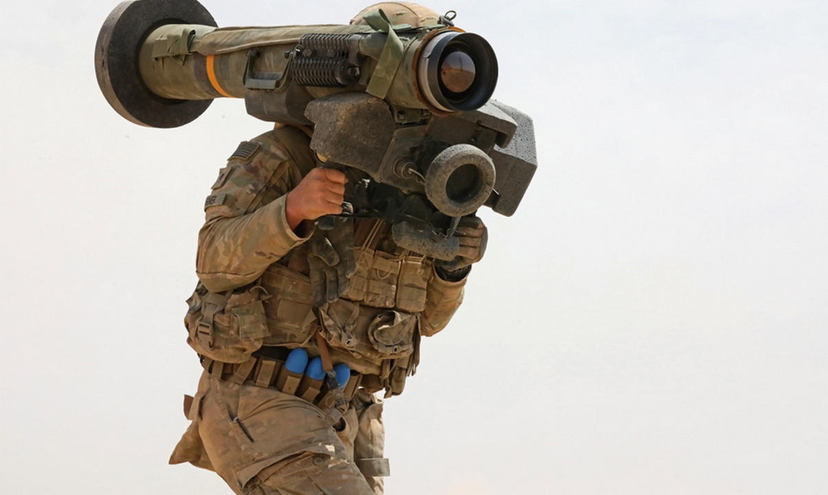 epa07907354 (FILE) - A handout file photo made available by the US Army shows Spc. Wagner of 1st Battalion, 8th Infantry Regiment, 3rd Armored Brigade Combat Team, 4th Infantry Division, moving to a fighting position with a FGM-148 Javelin during a combined arms live fire exercise in support of Eager Lion 2019 in Jordan, 27 August 2019 (issued 09 October 2019). The FGM-148 Javelin is a man-portable anti-tank missile.  EPA