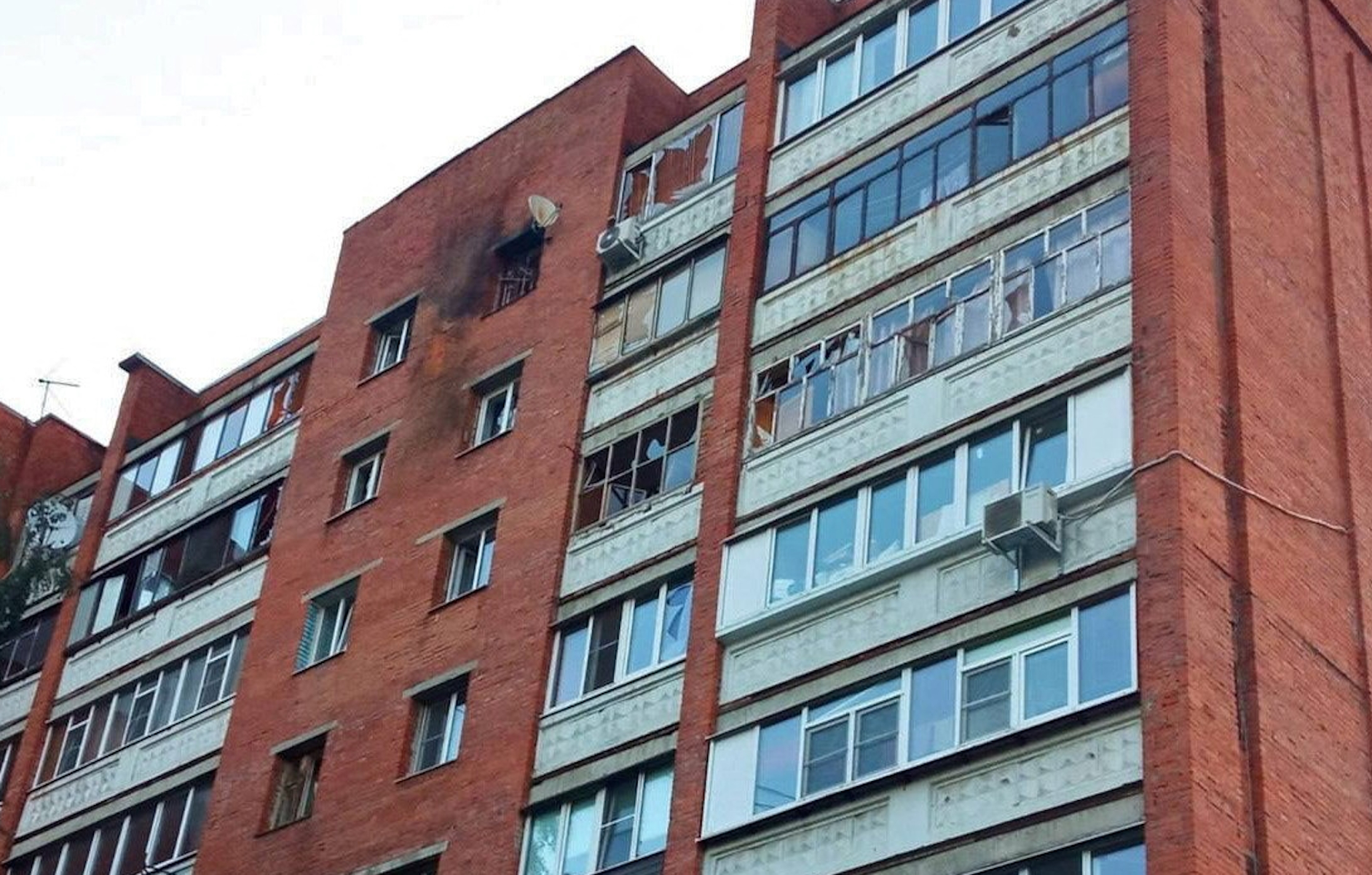 A view shows a damaged building following a reported drone attack in Kursk, Russia in this handout image released August 27, 2023.  Governor of Russia's Kursk Region Roman Starovoit via Telegram