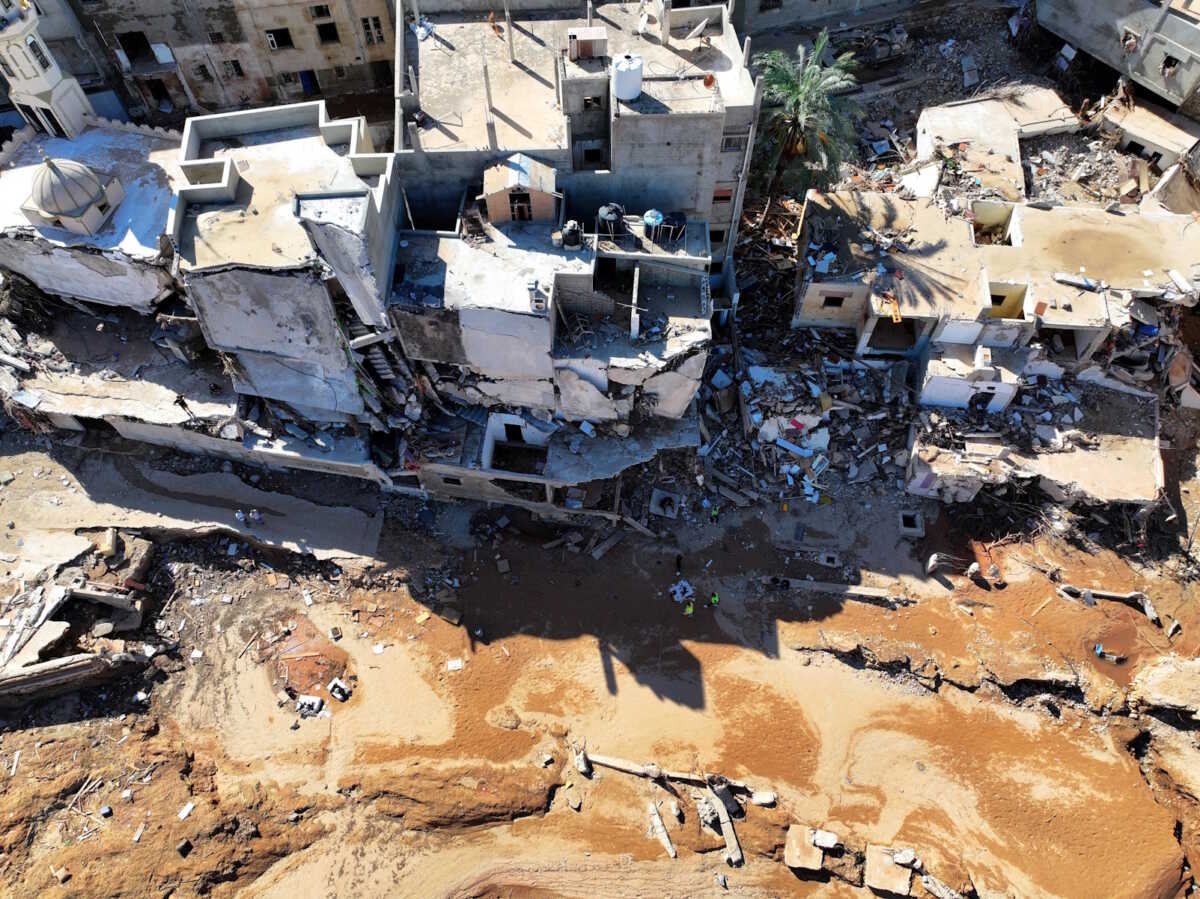 A view shows damaged buildings, in the aftermath of the floods in Derna, Libya, September 13, 2023, in this picture from social media. Marwan Alfaituri