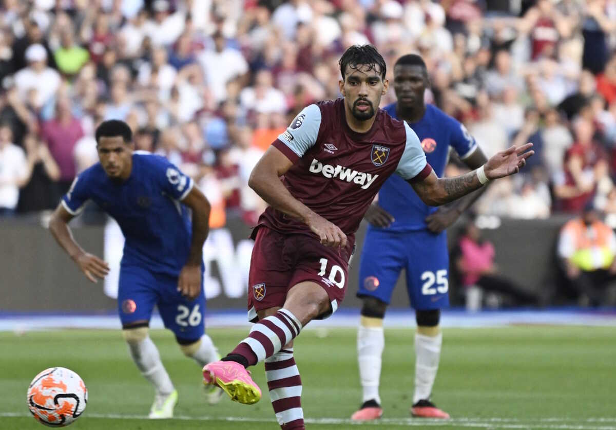 Soccer Football - Premier League - West Ham United v Chelsea - London Stadium, London, Britain - August 20, 2023 West Ham United's Lucas Paqueta scores their third goal from the penalty spot REUTERS