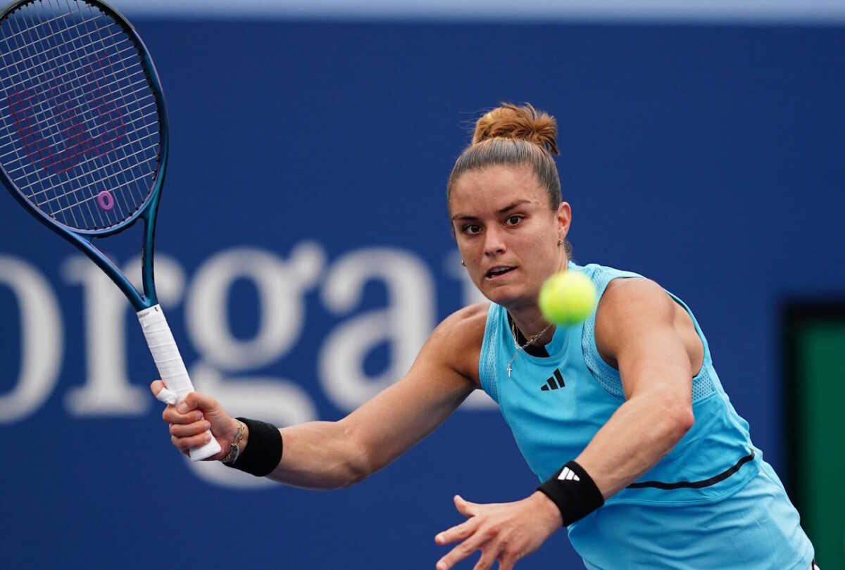 Aug 28, 2023; Flushing, NY, USA;   Maria Sakkari of Greece in action against Rebeka Masarova of Spain on day one of the 2023 U.S. Open tennis tournament at the USTA Billie Jean King National Tennis Center. Mandatory Credit: Jerry Lai-USA TODAY Sports
