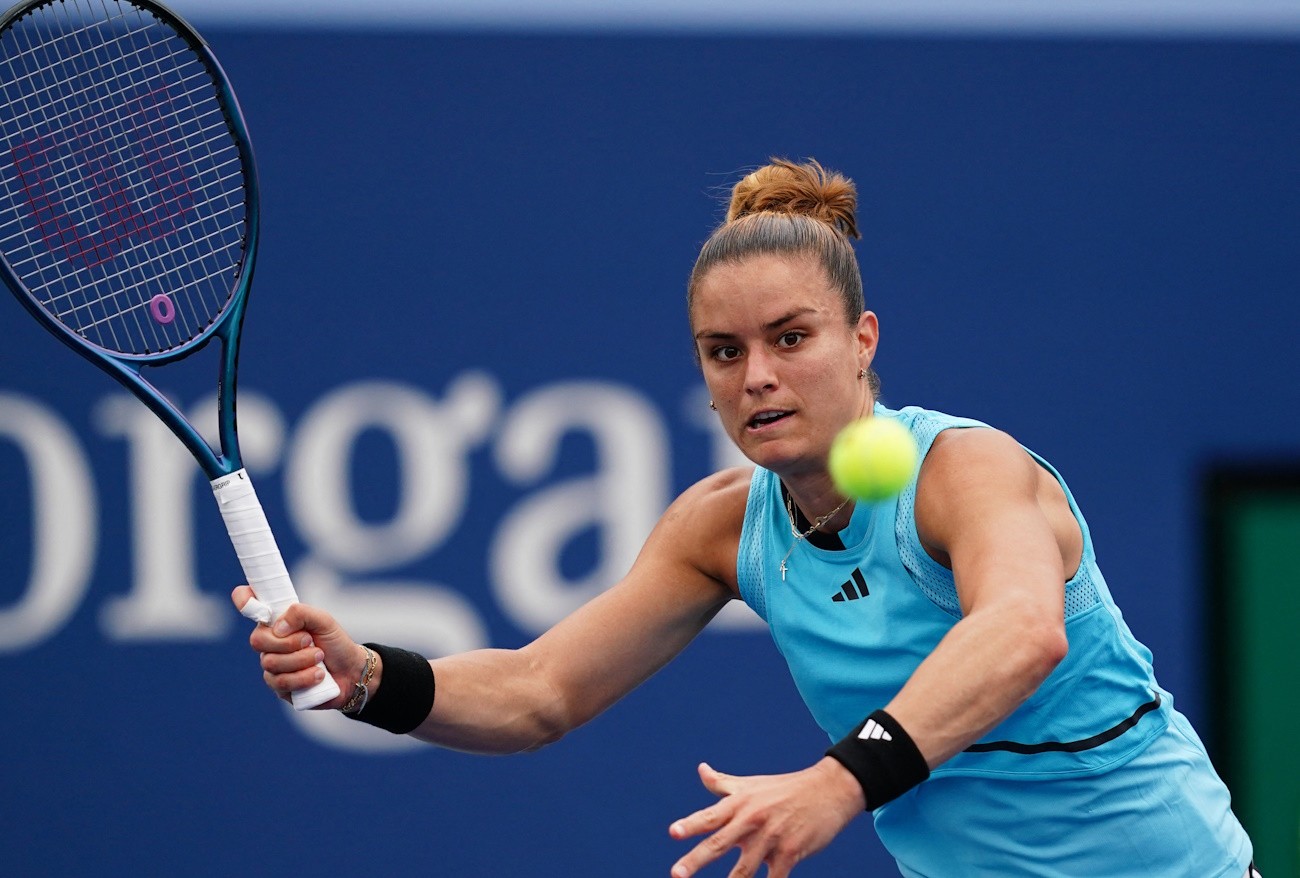 Aug 28, 2023; Flushing, NY, USA;   Maria Sakkari of Greece in action against Rebeka Masarova of Spain on day one of the 2023 U.S. Open tennis tournament at the USTA Billie Jean King National Tennis Center. Mandatory Credit: Jerry Lai-USA TODAY Sports