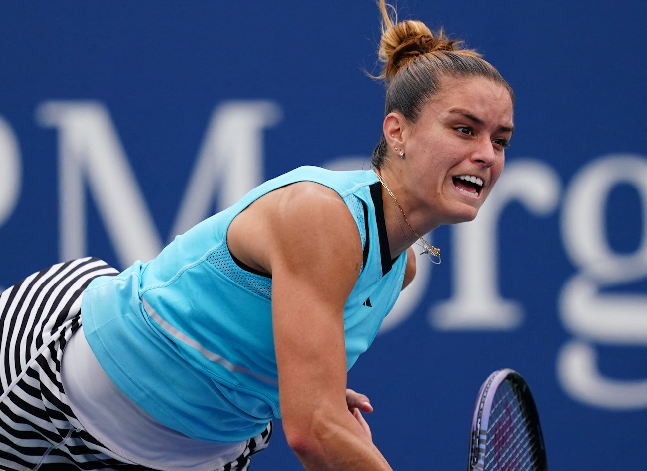 Aug 28, 2023; Flushing, NY, USA;   Maria Sakkari of Greece in action against Rebeka Masarova of Spain on day one of the 2023 U.S. Open tennis tournament at the USTA Billie Jean King National Tennis Center. Mandatory Credit: Jerry Lai-USA TODAY Sports