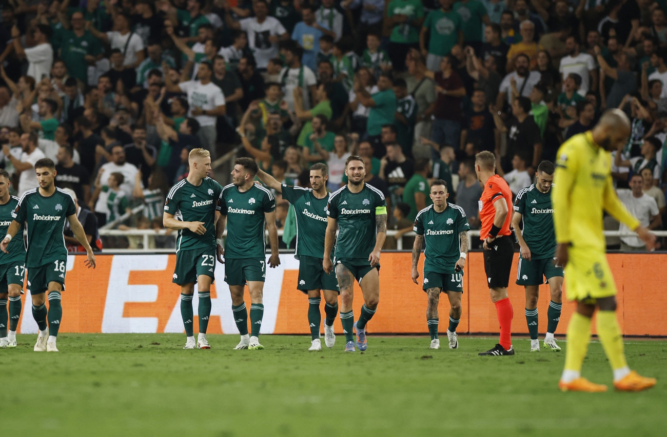 Soccer Football - Europa League - Group F - Panathinaikos v Villarreal - Athens Olympic Stadium, Athens, Greece - September 21, 2023  Panathinaikos' Fotis Ioannidis celebrates scoring their first goal with teammates REUTERS