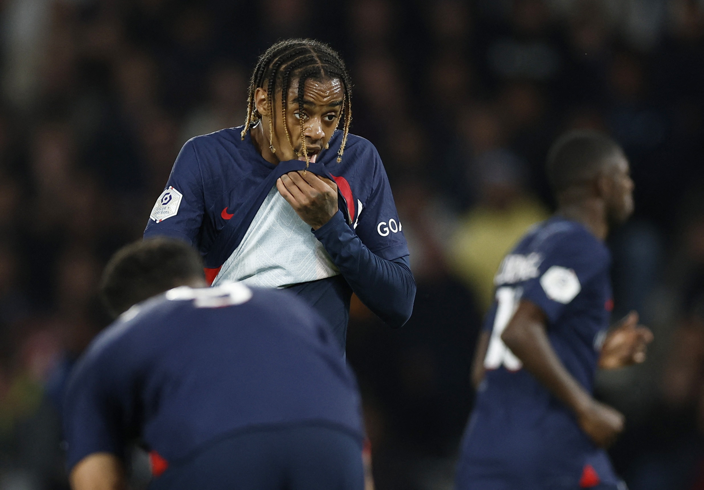 Soccer Football - Ligue 1 - Paris St Germain v Olympique de Marseille - Parc des Princes, Paris, France - September 24, 2023 Paris St Germain's Bradley Barcola reacts REUTERS