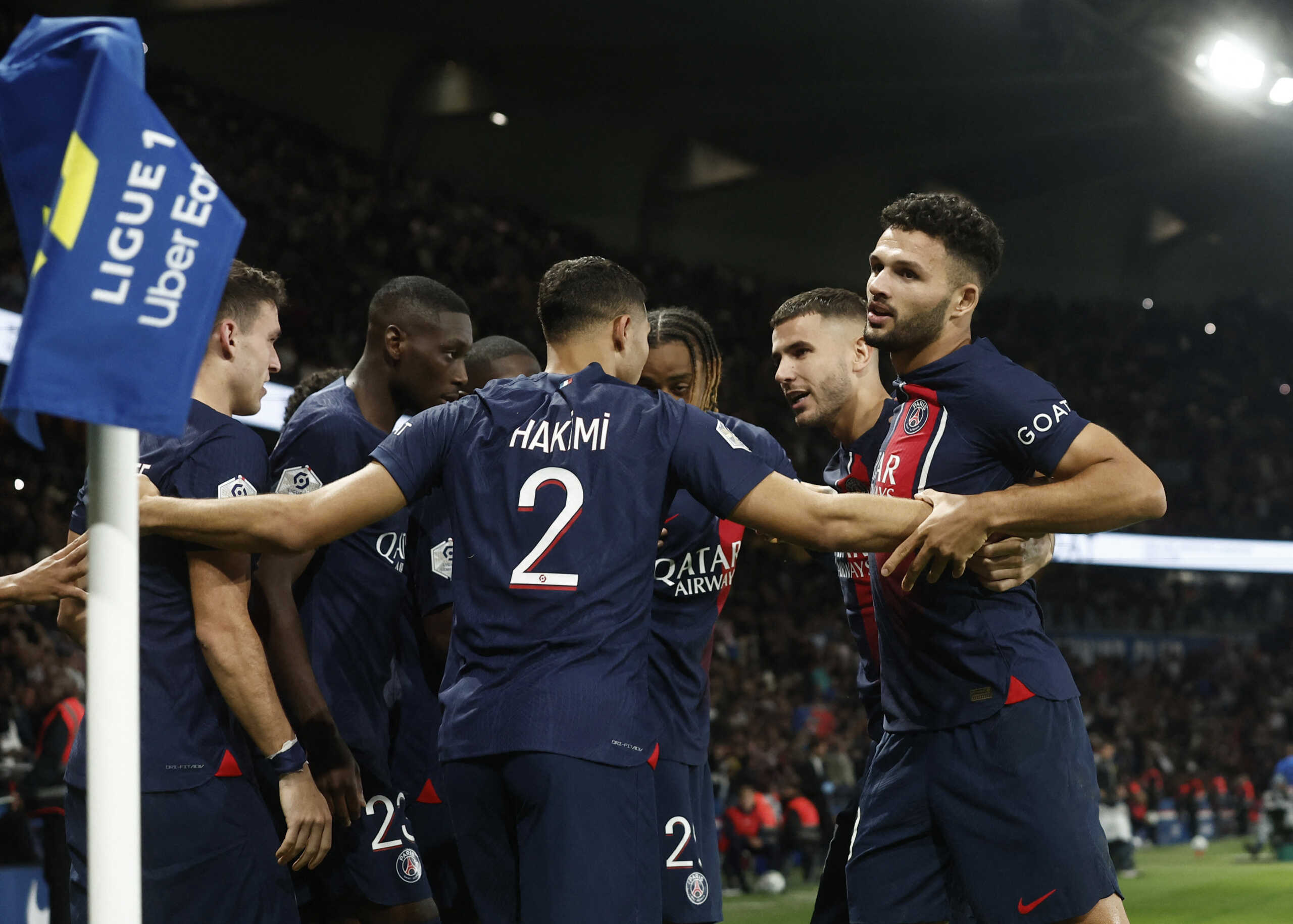 Soccer Football - Ligue 1 - Paris St Germain v Olympique de Marseille - Parc des Princes, Paris, France - September 24, 2023 Paris St Germain's Goncalo Ramos celebrates scoring their third goal with teammates REUTERS